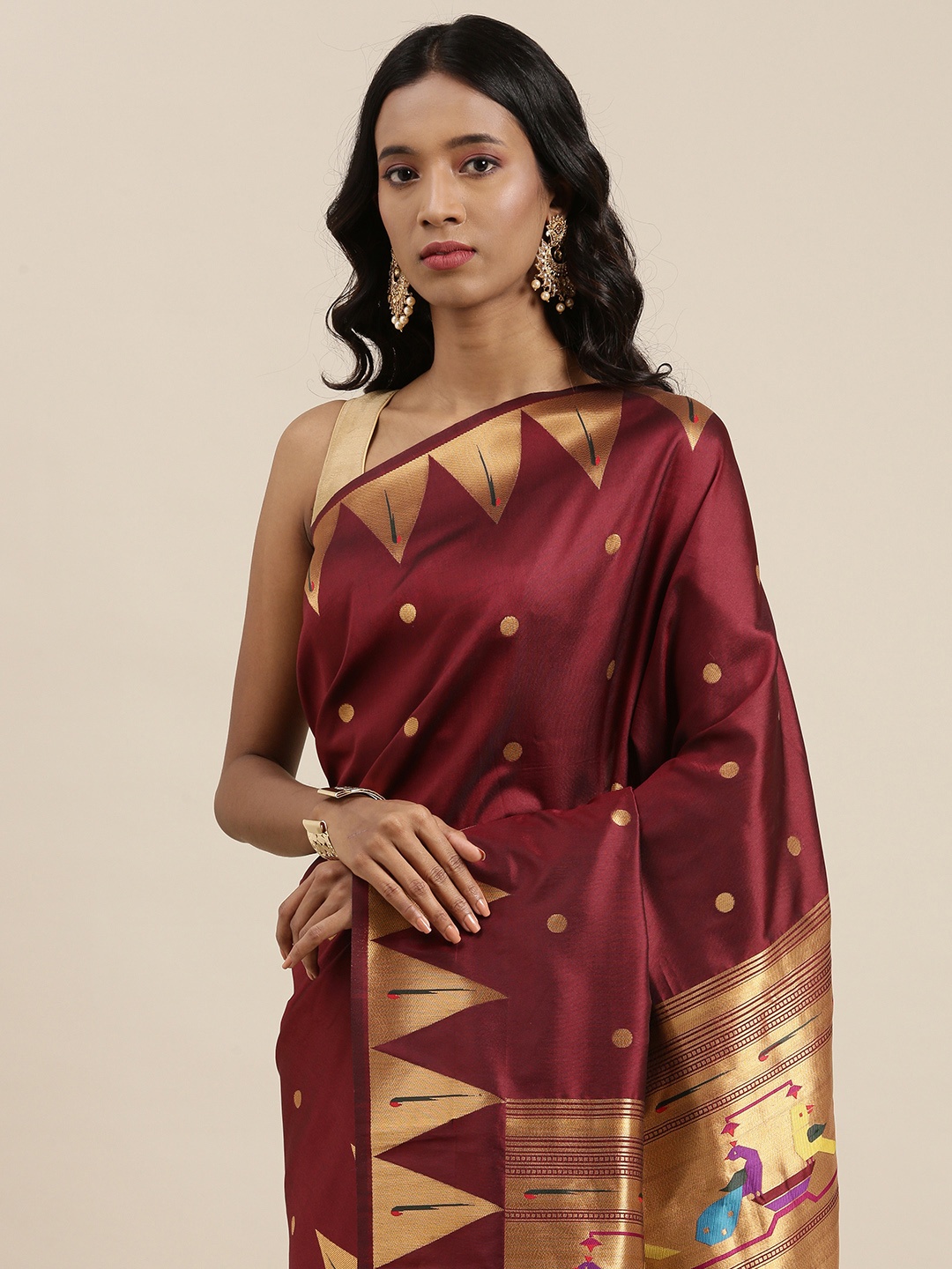 

PERFECTBLUE Brown & Gold-Toned Woven Design Zari Art Silk Saree