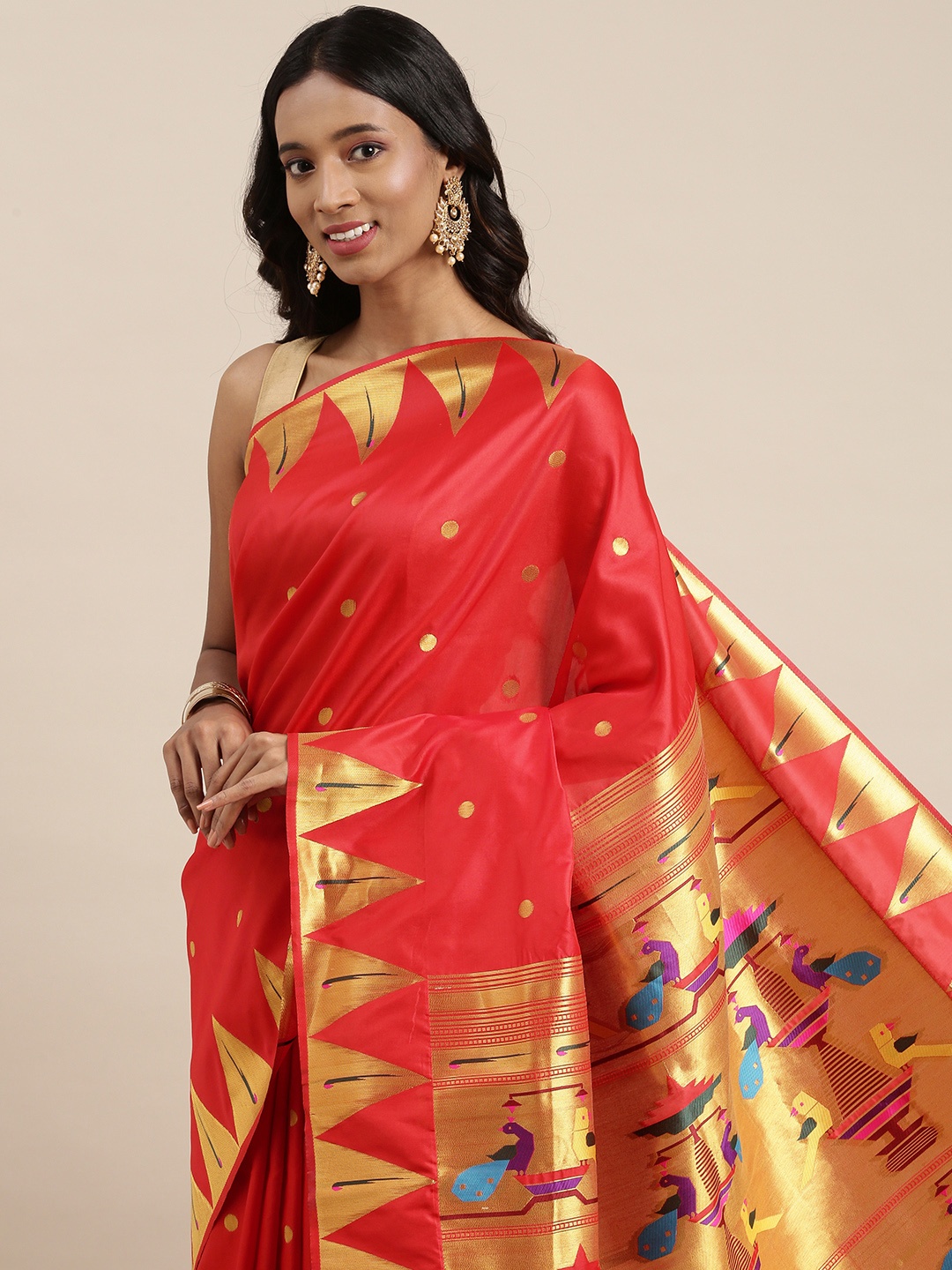 

PERFECTBLUE Red & Gold-Toned Woven Design Zari Art Silk Saree