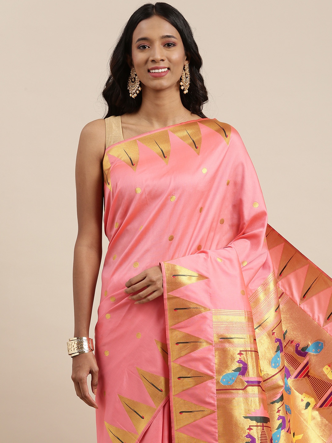 

PERFECTBLUE Peach-Coloured & Gold-Toned Ethnic Motifs Zari Art Silk Saree