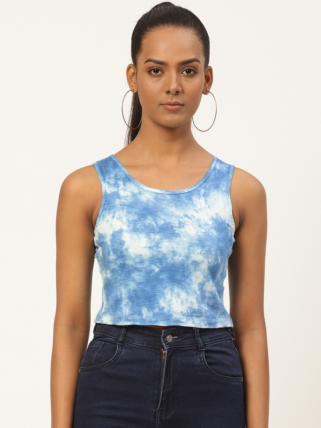 

HILL STREET Blue & White Tie and Dye Tank Cotton Crop Top