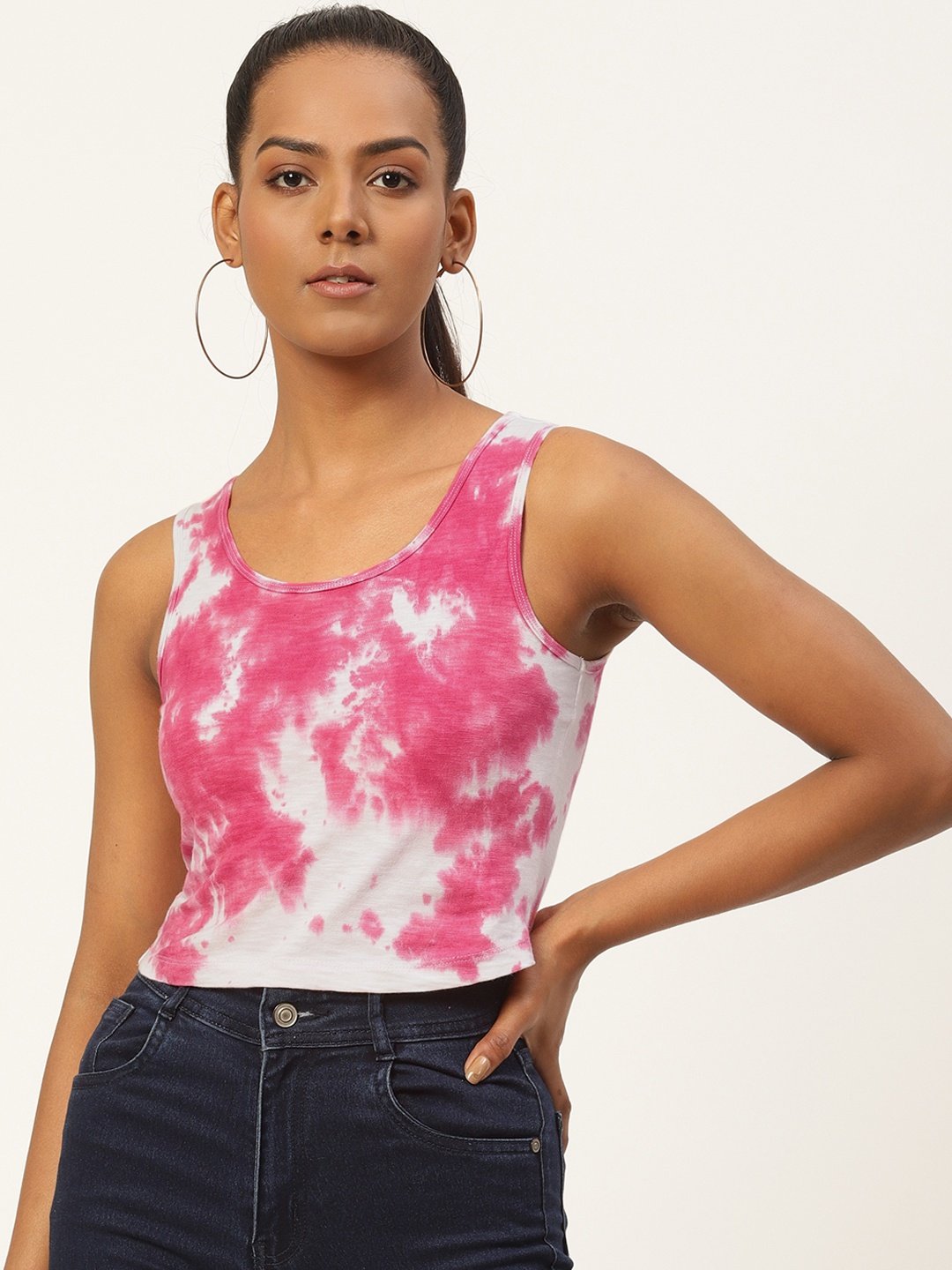 

HILL STREET Pink & White Tie and Dye Cotton Tank Crop Top