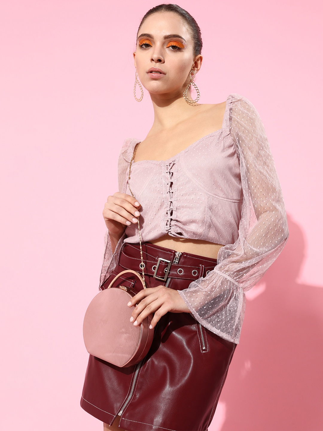 

MAGRE Peach-Coloured Dobby Weave Sweetheart Neck Lace-Ups Net Crop Top