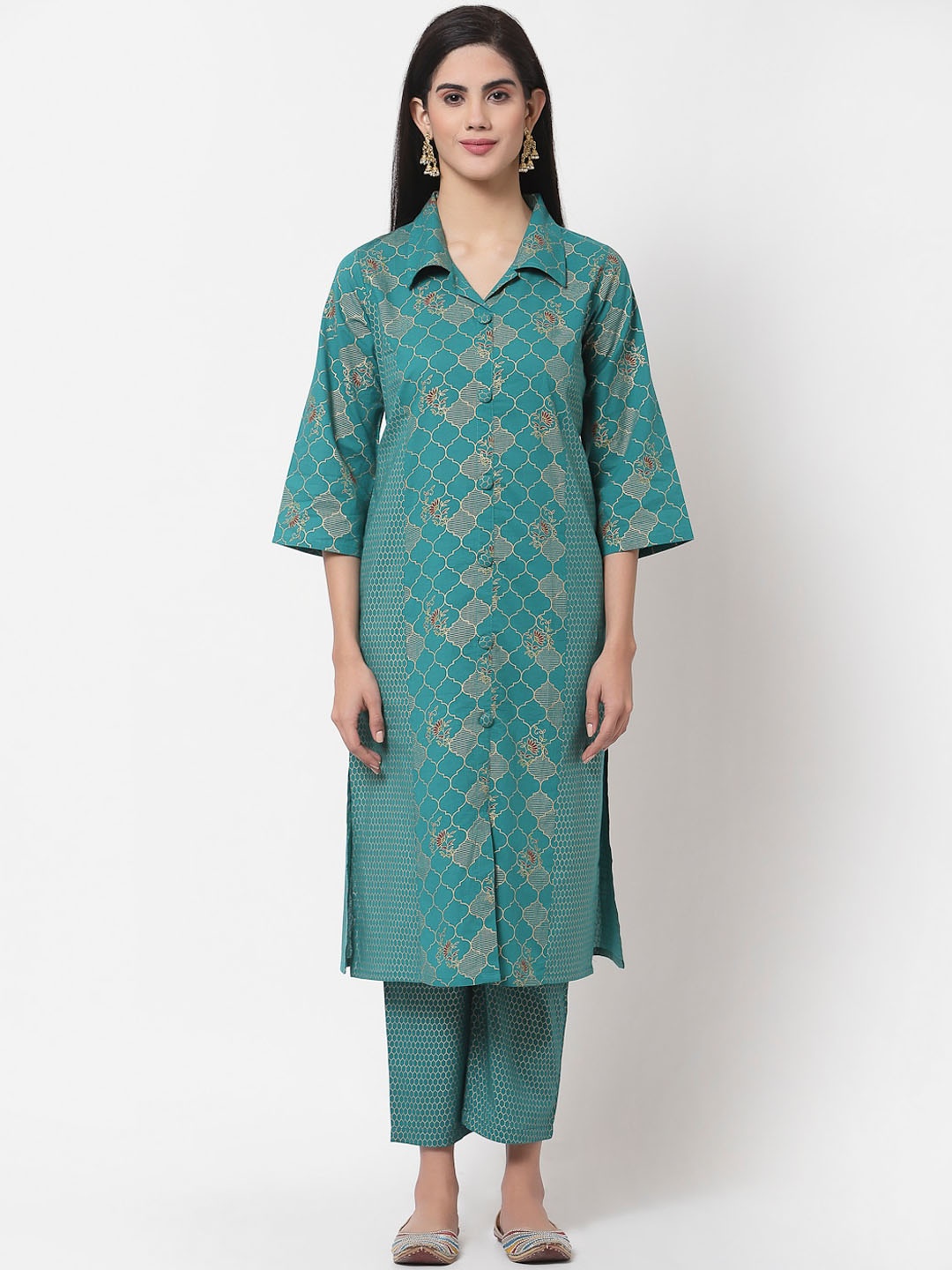 

Myshka Women Green & Gold-Toned Printed Pure Cotton Kurta with Trousers