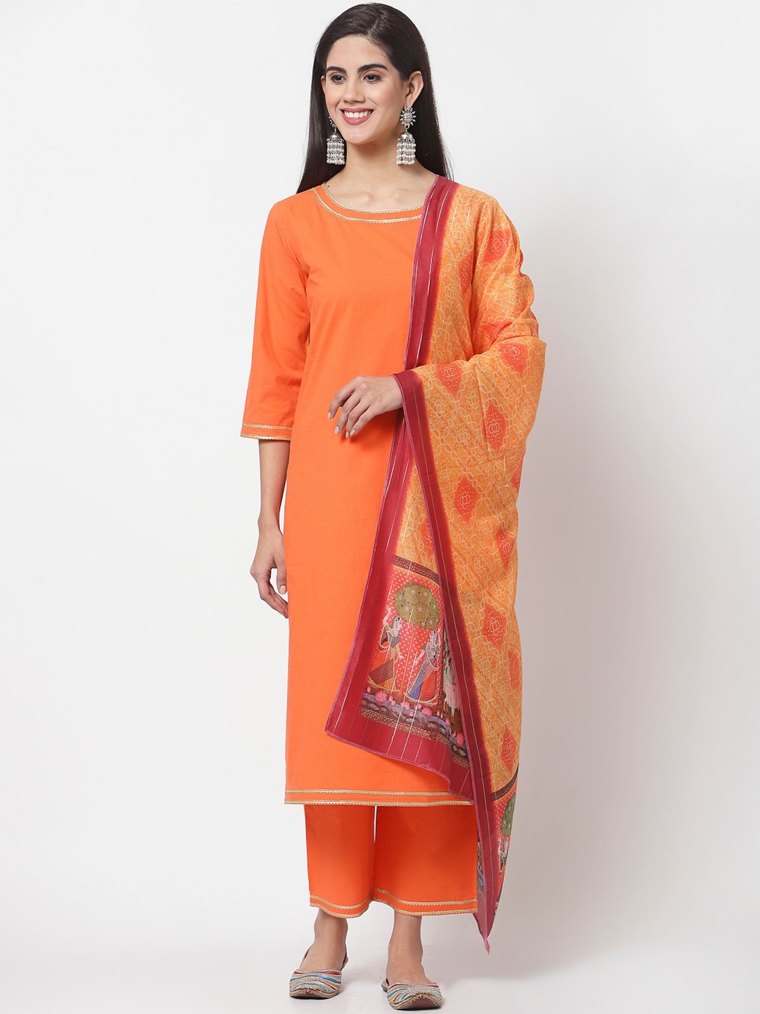 

Myshka Women Orange Gotta Patti Pure Cotton Kurta with Palazzos & With Dupatta