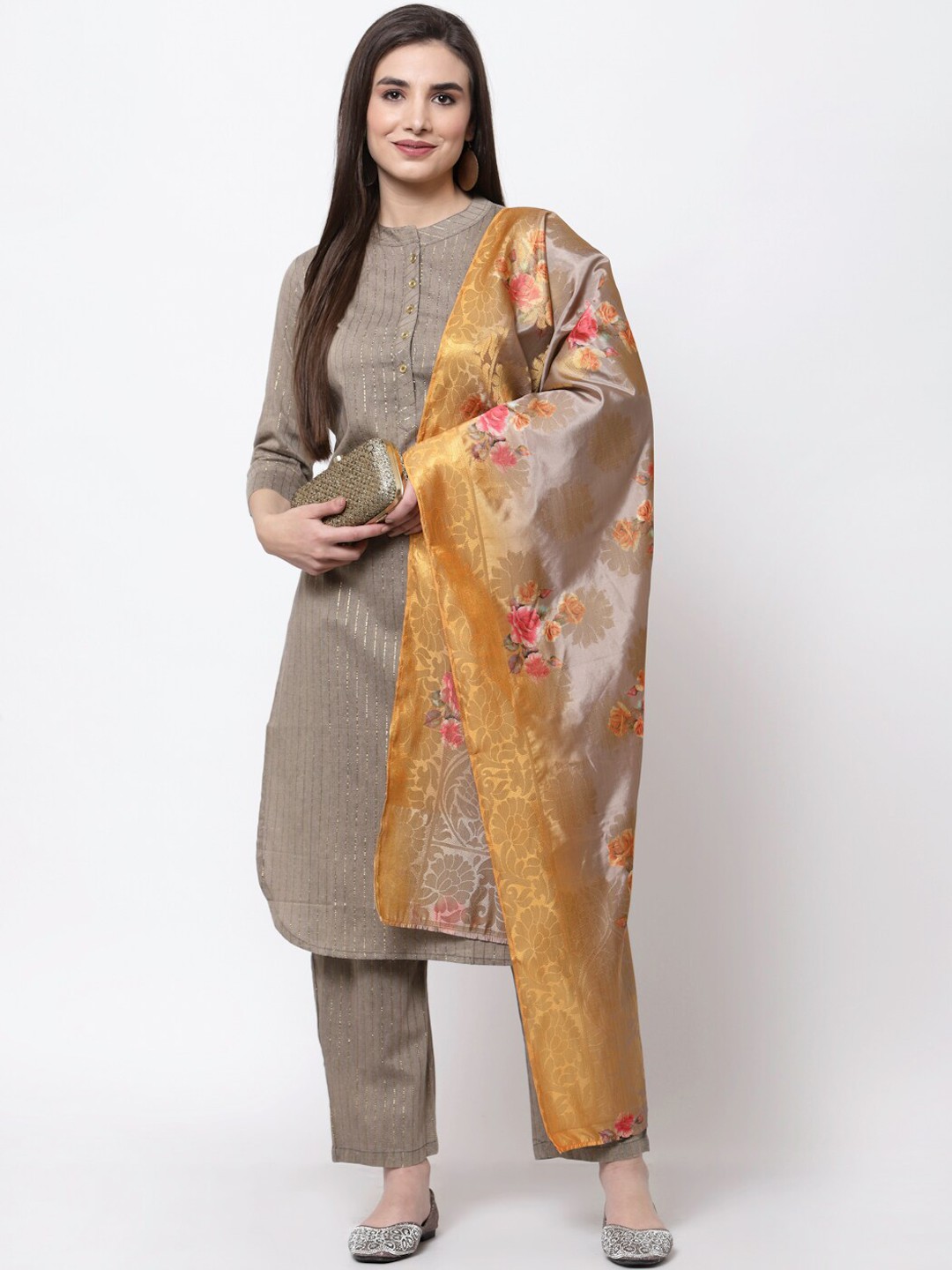 

Myshka Women Khaki Striped Pure Cotton Kurta with Palazzos & With Dupatta