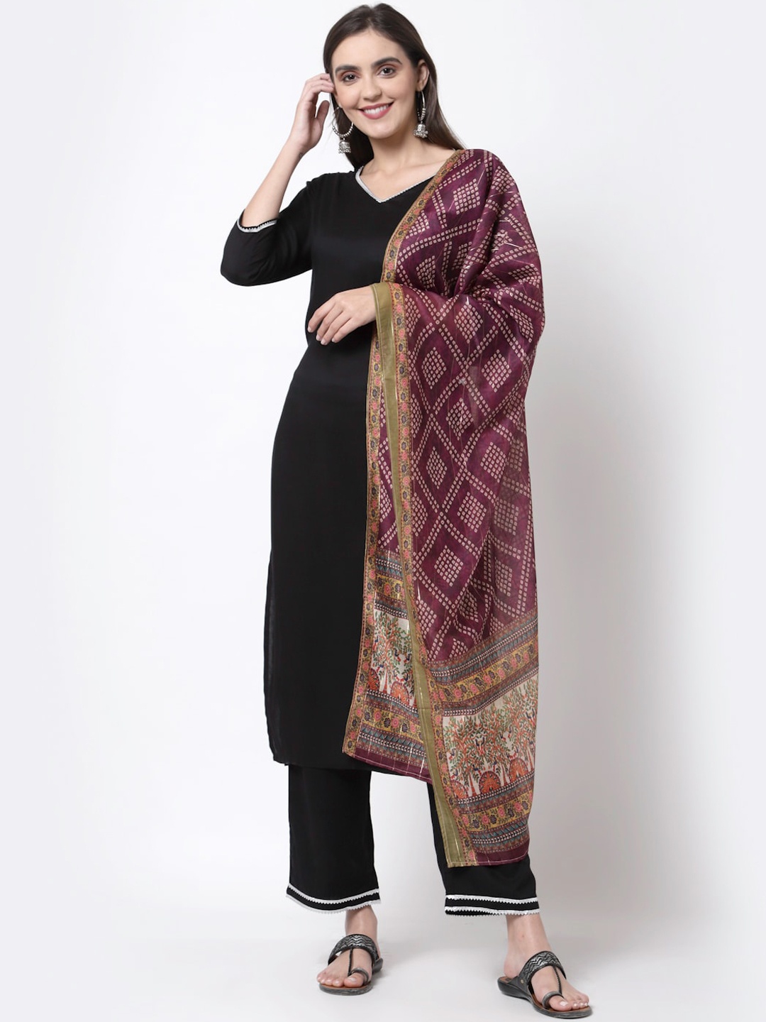 

Myshka Women Black Pure Cotton Kurta with Trousers & With Dupatta