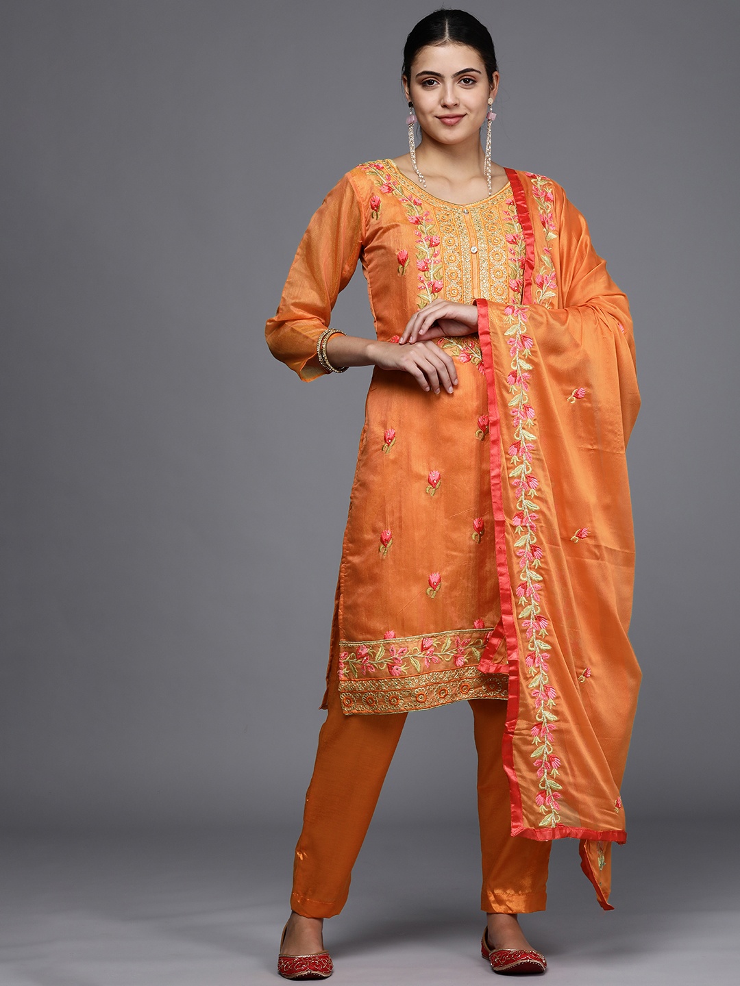 Mitera Orange Embroidered Unstitched Dress Material