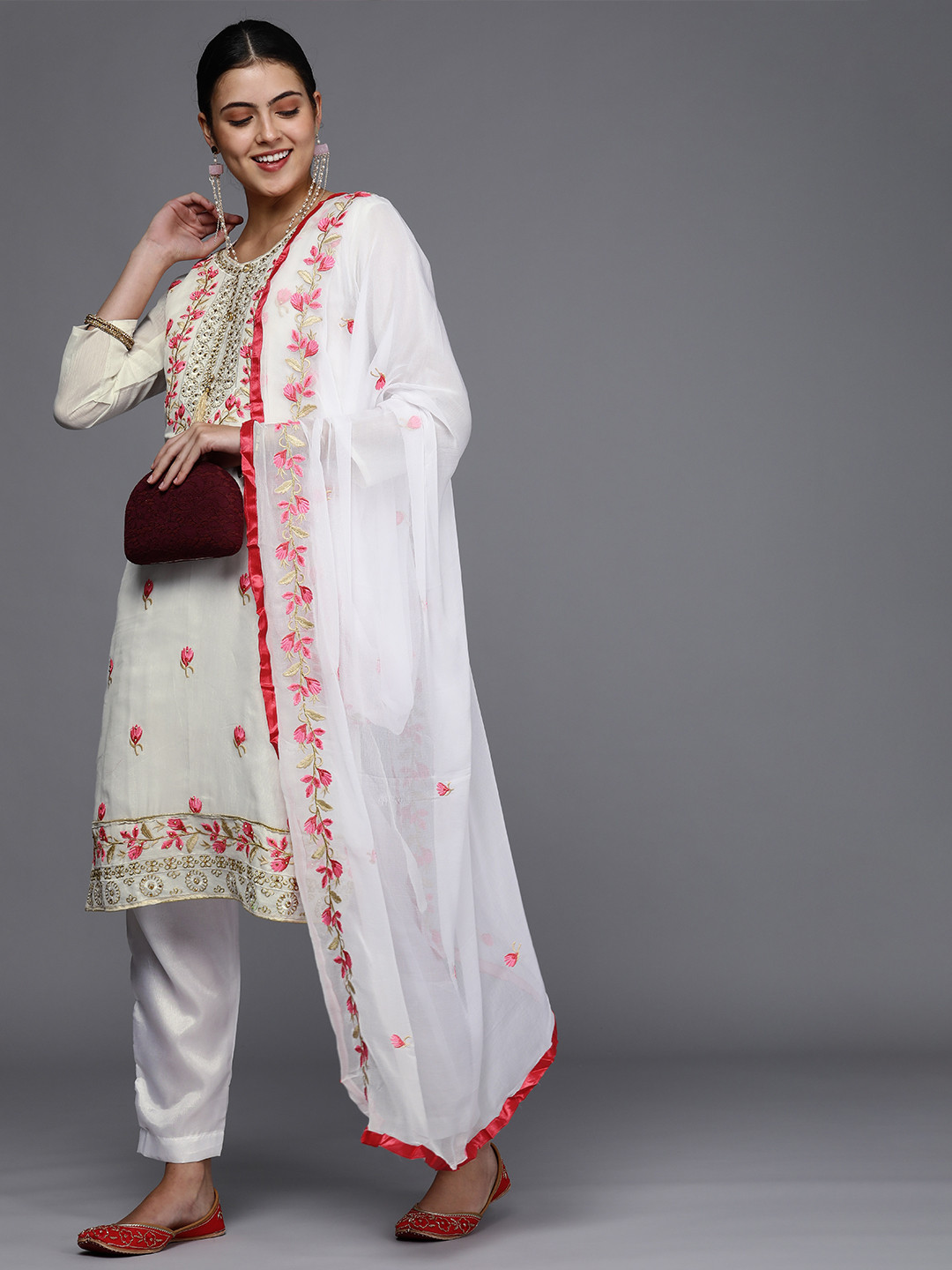 

Mitera White & Pink Embroidered Unstitched Dress Material