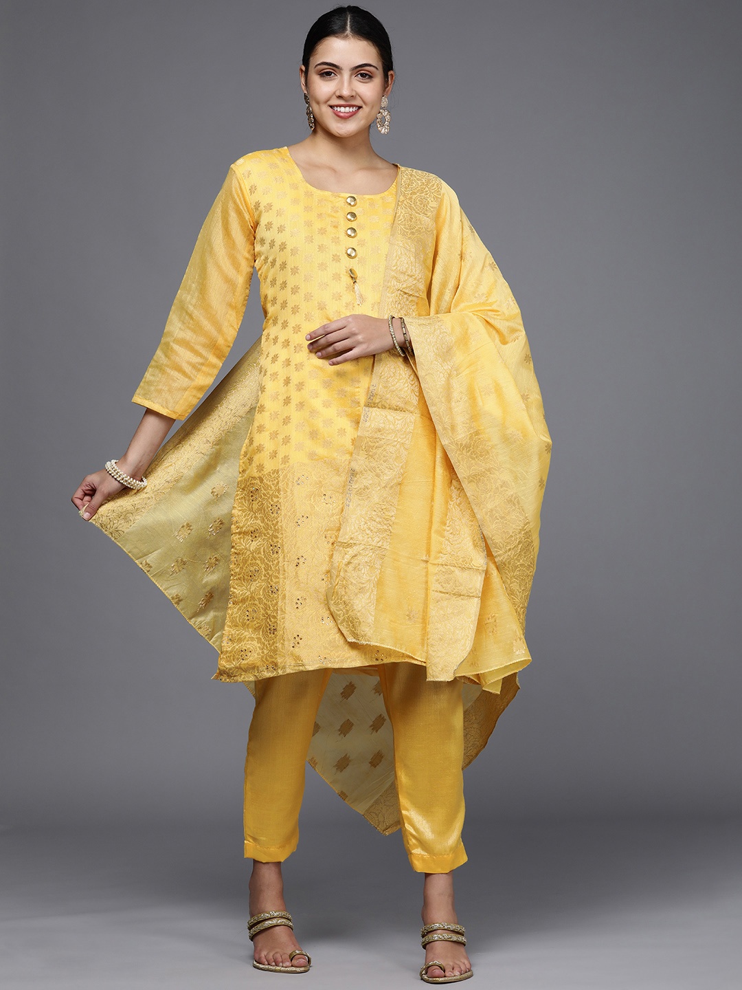 

Mitera Yellow & Gold-Toned Unstitched Dress Material