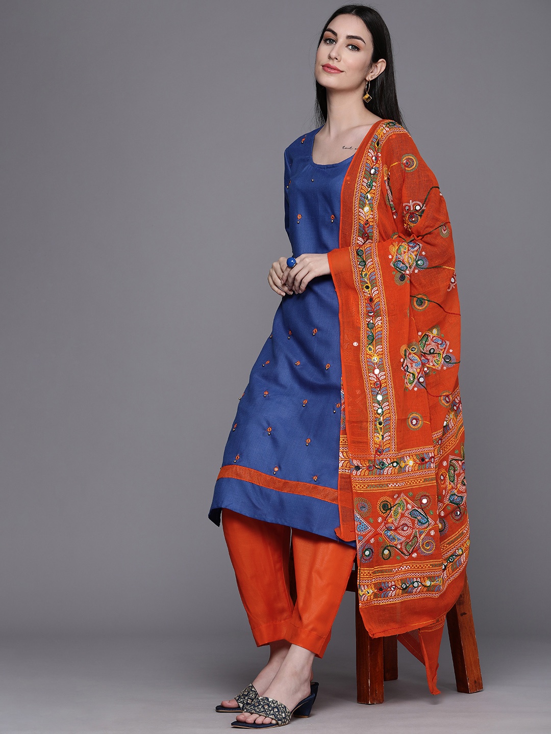 

Mitera Women Blue & Orange Embellished Unstitched Kurta Set Material
