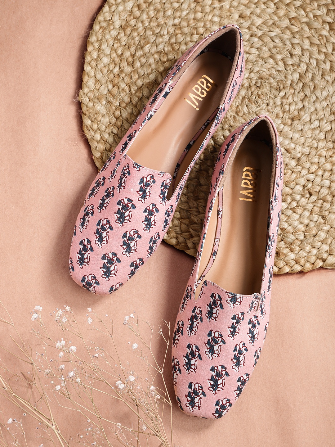 

Taavi Women Pink & Navy Blue Printed Slip-Ons