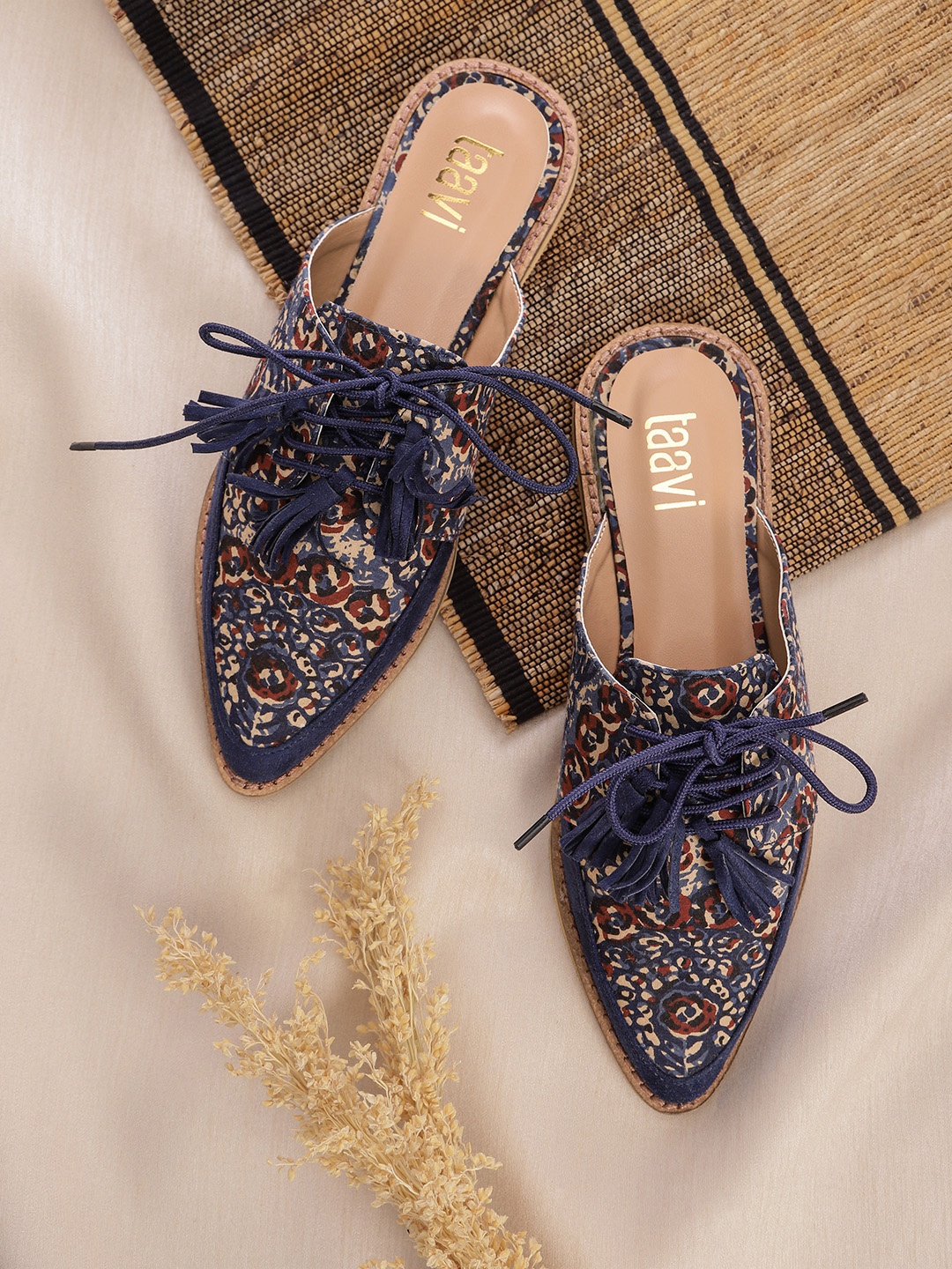 

Taavi Women Navy Blue & Beige Printed Mules with Tassels