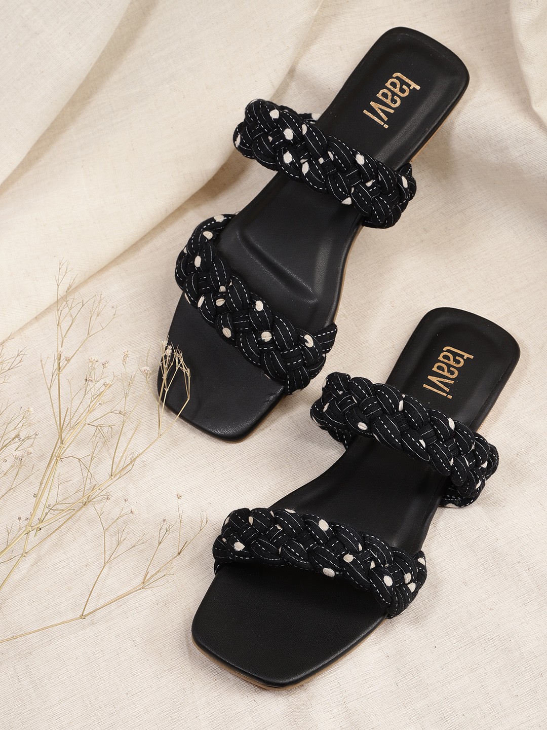 

Taavi Women Black & Off-White Printed Open Toe Flats
