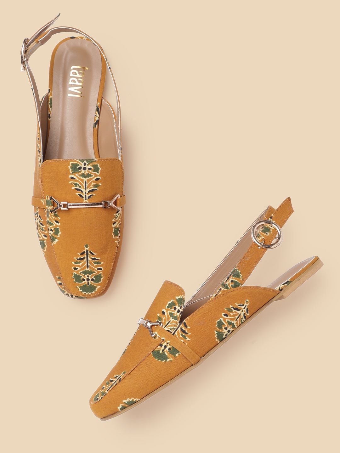 

Taavi Women Mustard Yellow & Olive Green Ethnic Motifs Print Horsebit Mules