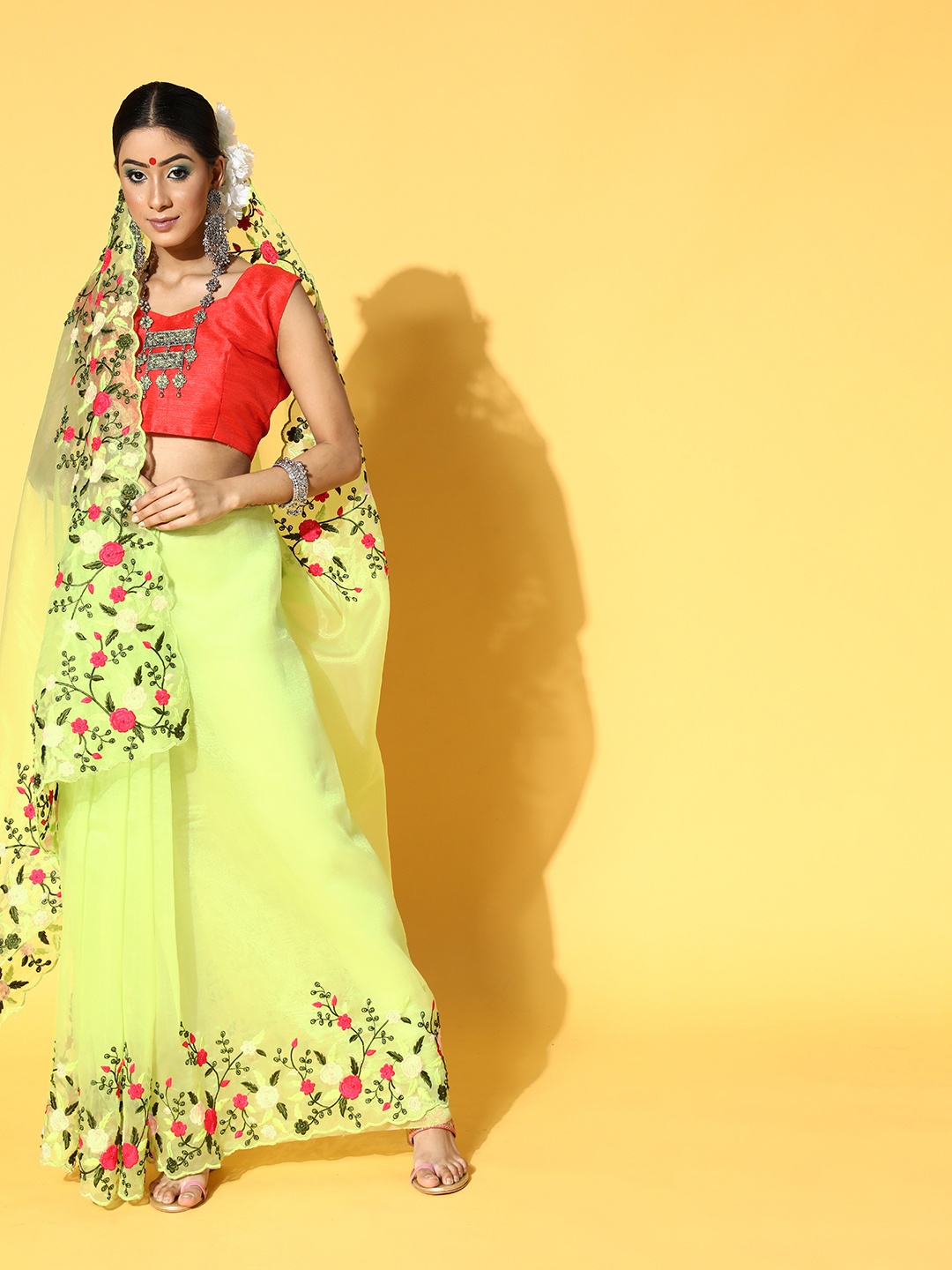 

Mitera Floral Saree with Embroidered Border, Lime green