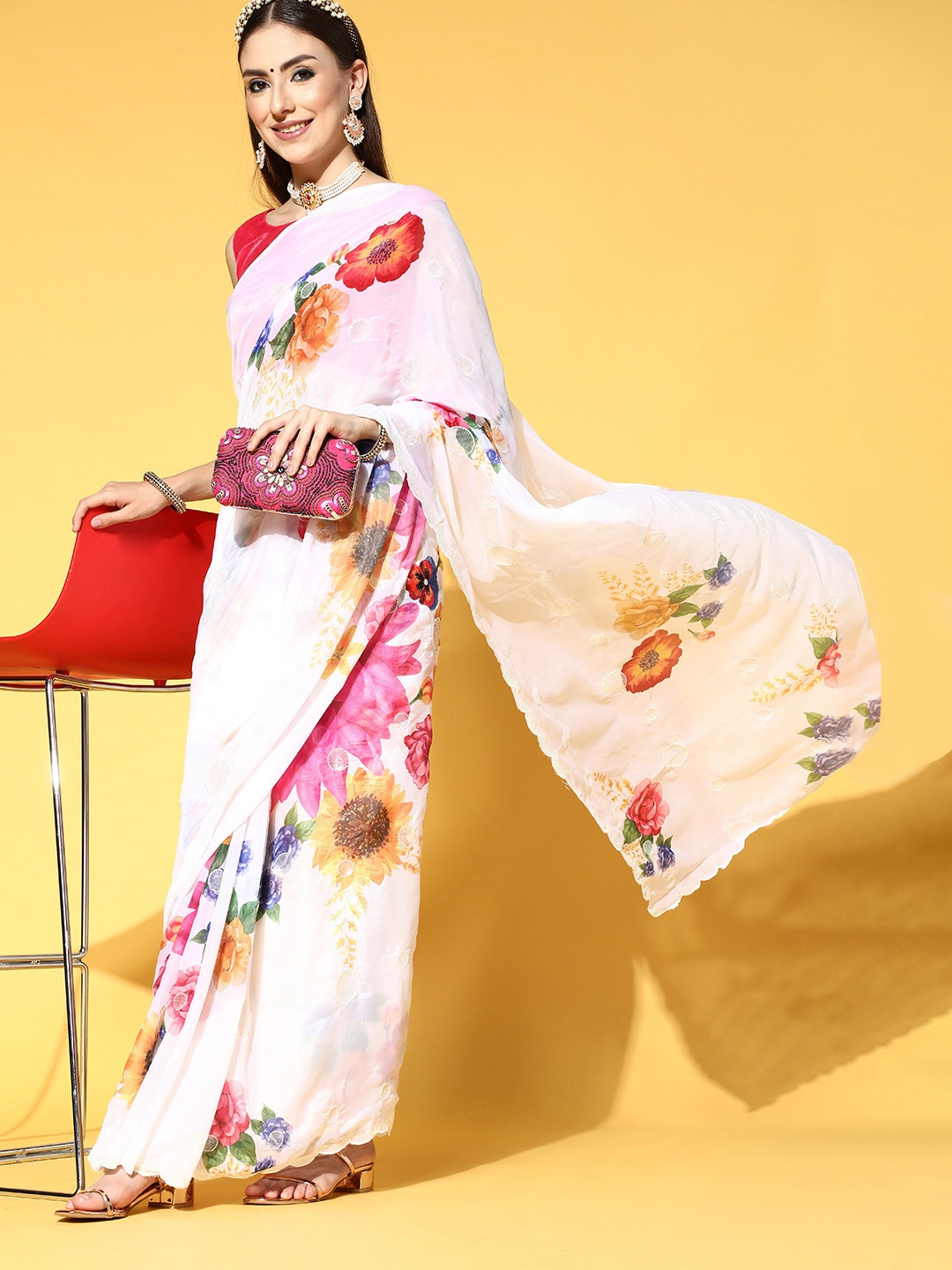 Mitera Floral Saree with Embroidered Border, White