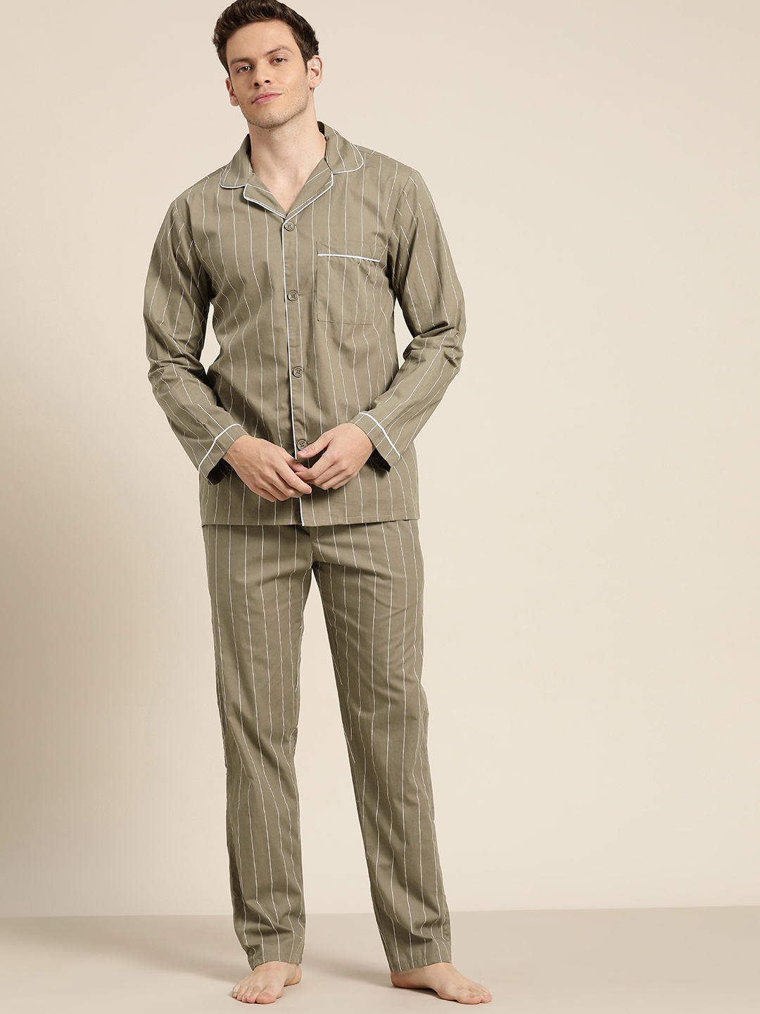 

Hancock Men Olive Green Pure Cotton Striped Pyjama Set