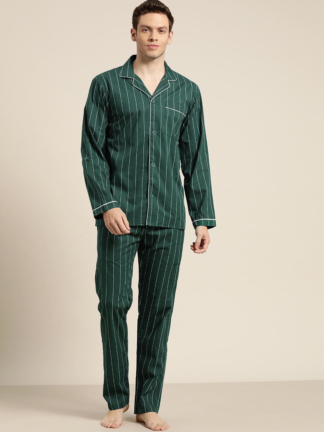 

Hancock Men Bottle Green Pure Cotton Striped Pyjama Set