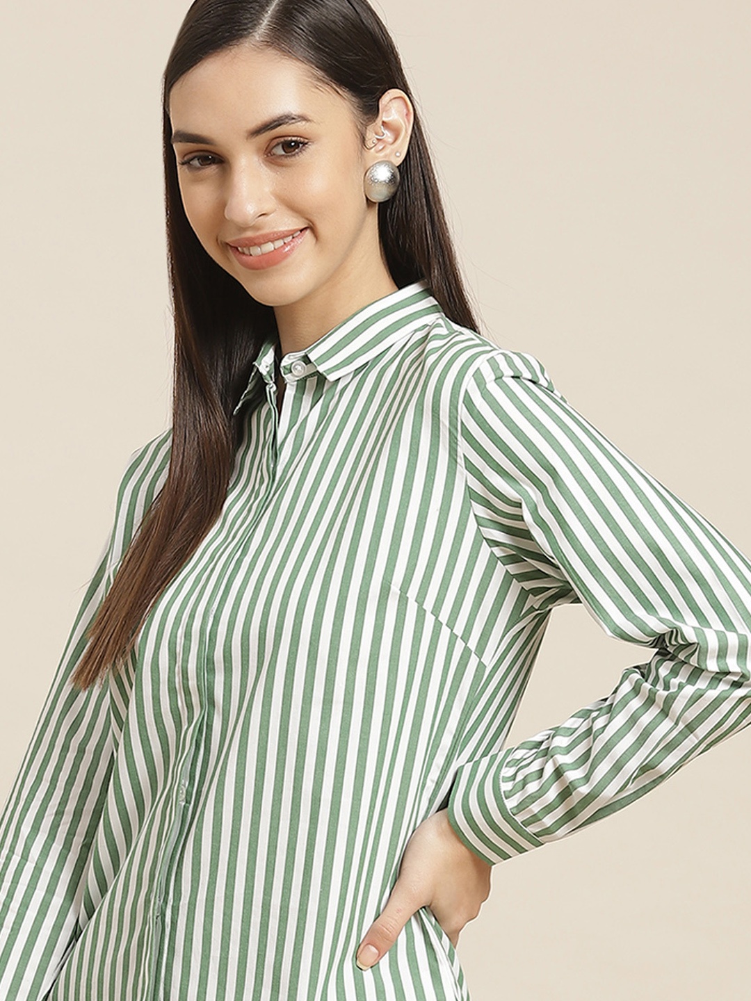 

Hancock Women Green Striped Standard Slim Fit Pure Cotton Formal Shirt