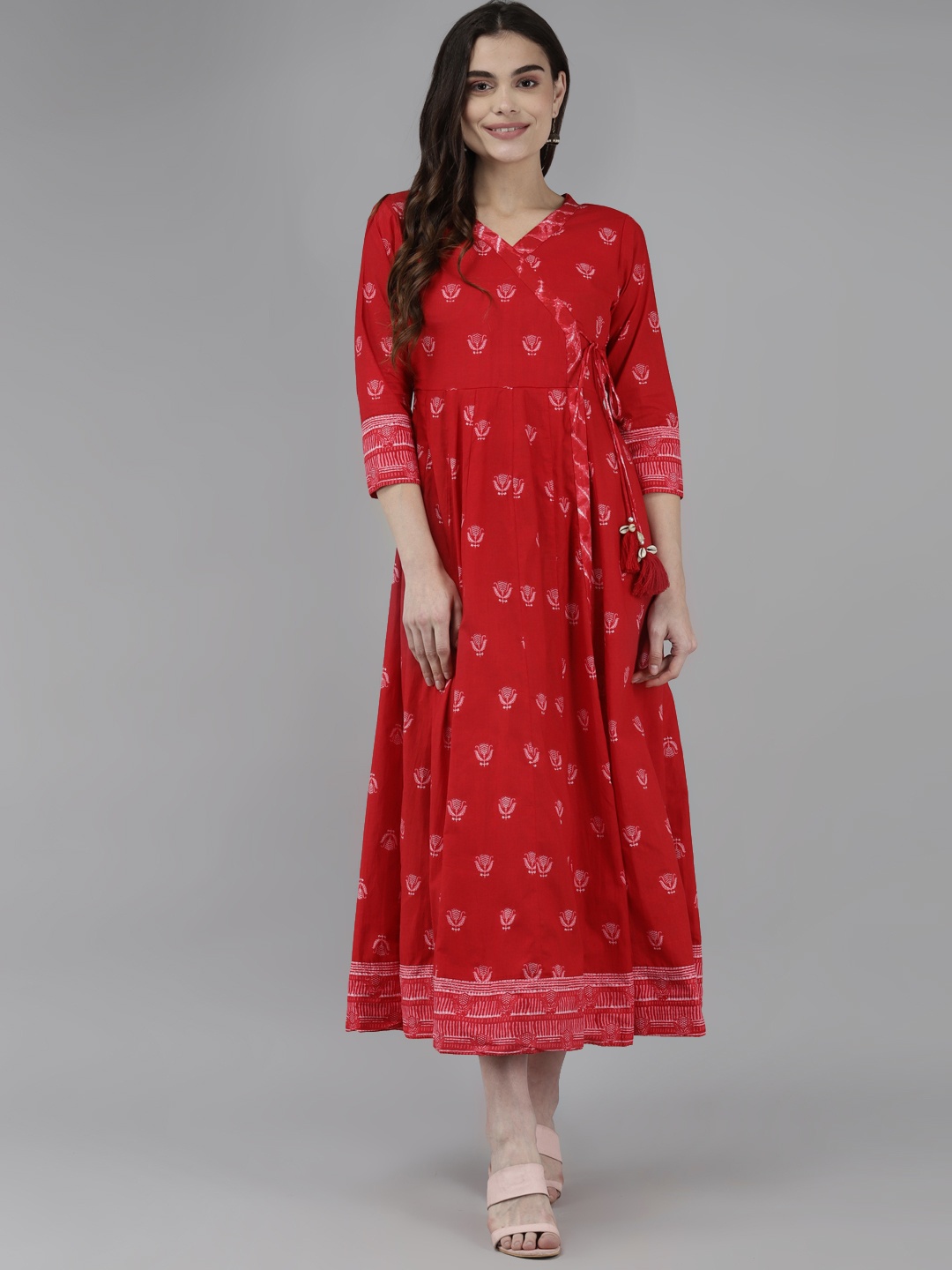 

Yufta Women Red & Off White Pure Cotton Ethnic Motifs Ethnic Midi Dress