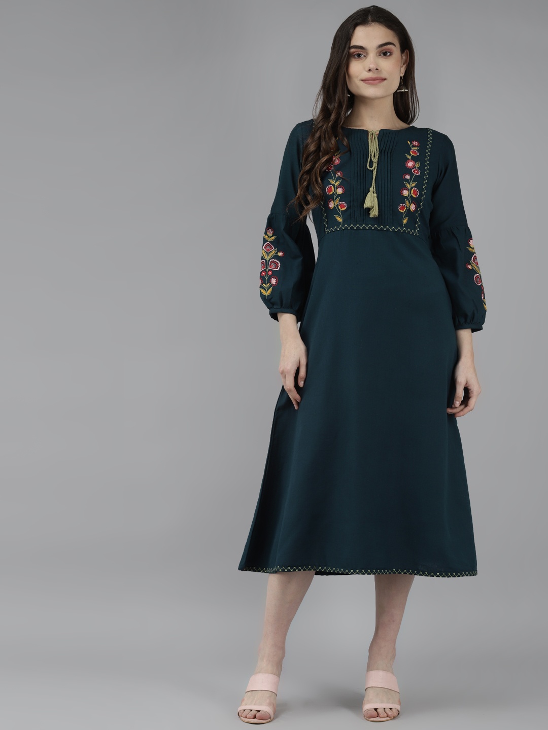 

Yufta Women Teal Green & Yellow Pure Cotton Floral A-Line Dress