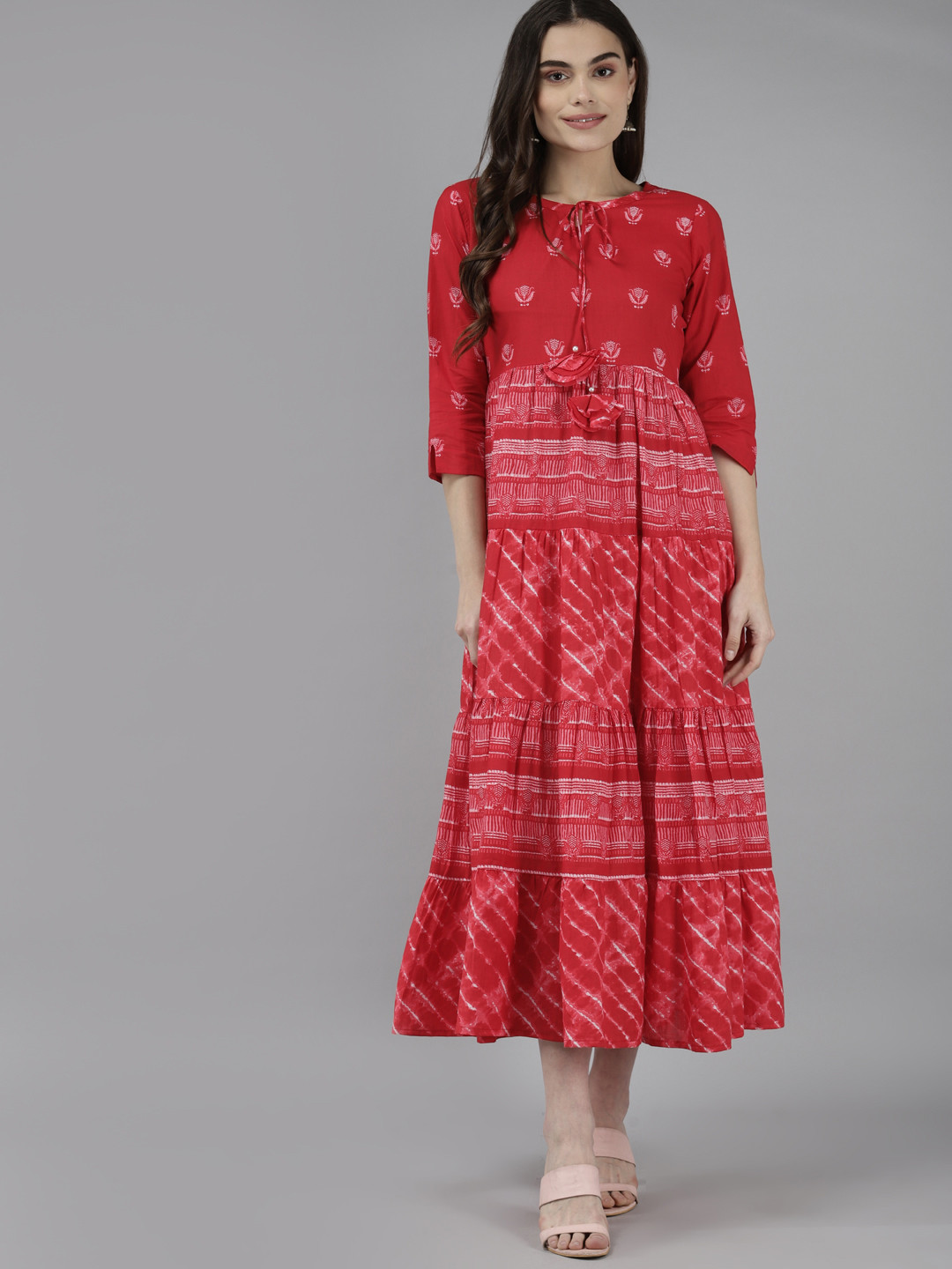 

Yufta Women Red & Off White Pure Cotton Ethnic Motifs A-Line Midi Dress