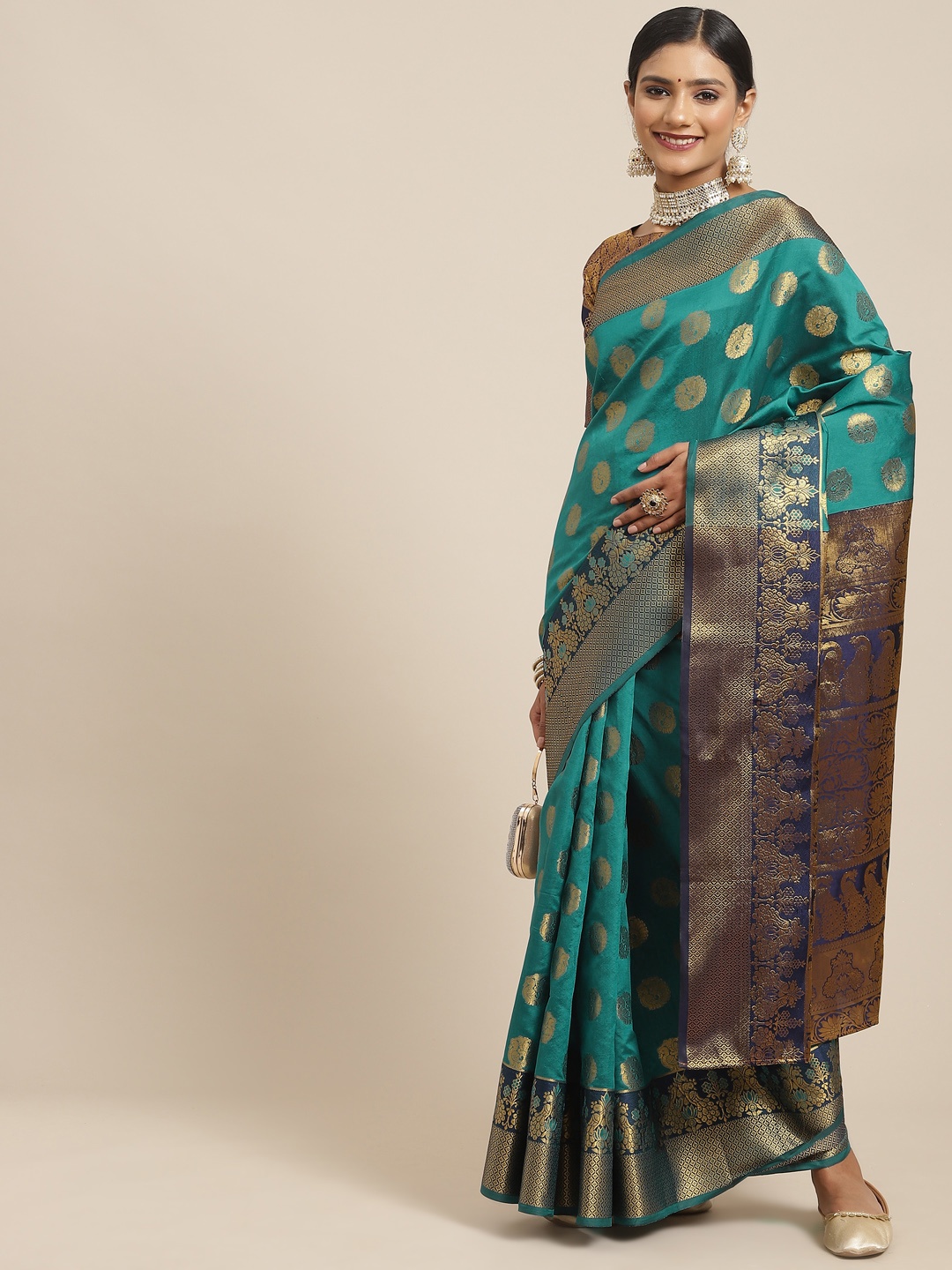 

Saree mall Teal & Gold-Toned Ethnic Motifs Zari Silk Blend Kanjeevaram Sarees