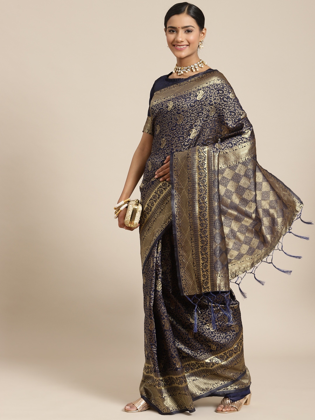 

Saree mall Navy Blue & Gold-Toned Ethnic Motifs Zari Silk Blend Banarasi Sarees