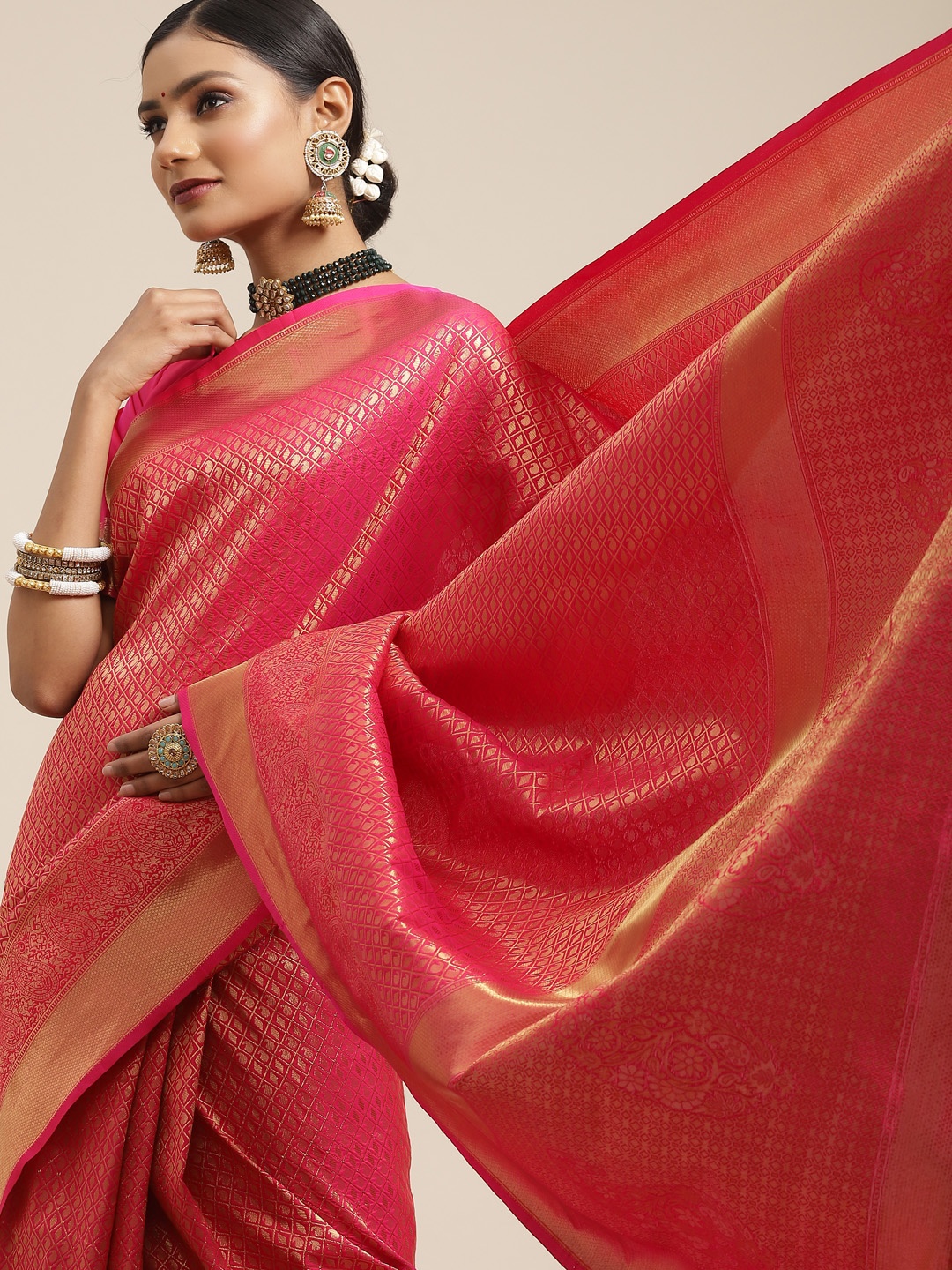 

Saree mall Pink Paisley Zari Silk Blend Kanjeevaram Sarees