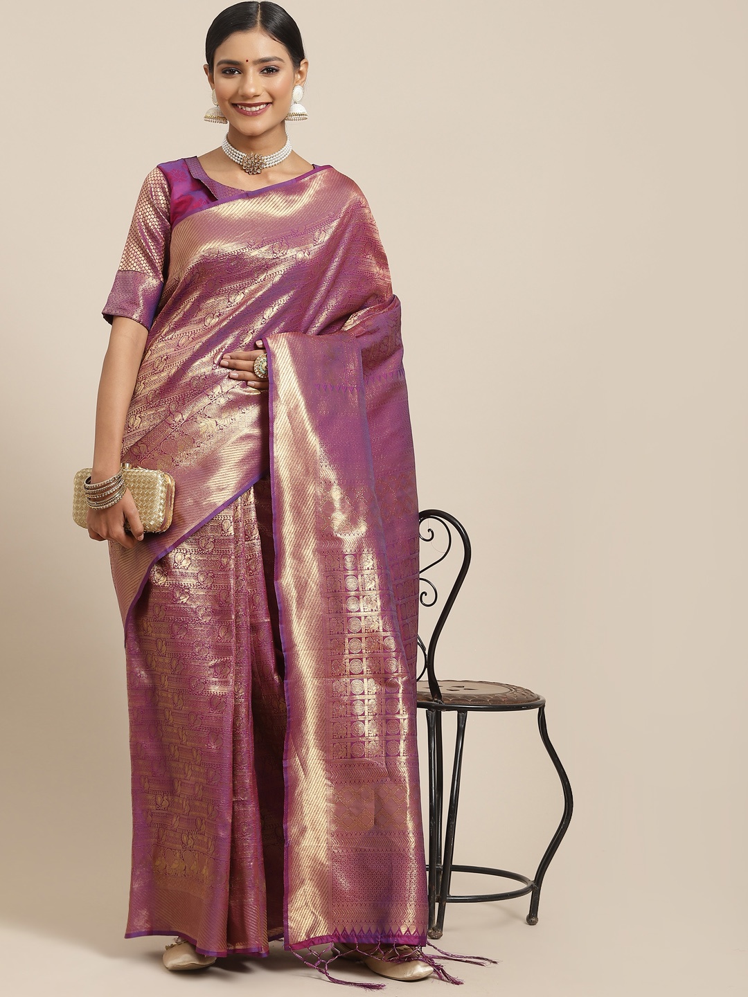 

Saree mall Purple & Gold-Toned Ethnic Motifs Zari Silk Blend Kanjeevaram Sarees