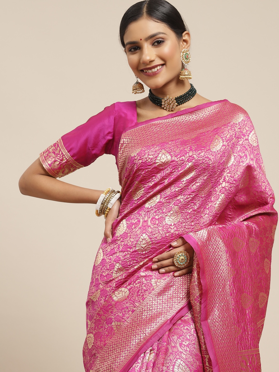 

Saree mall Pink & Gold-Toned Ethnic Motifs Zari Silk Blend Banarasi Sarees