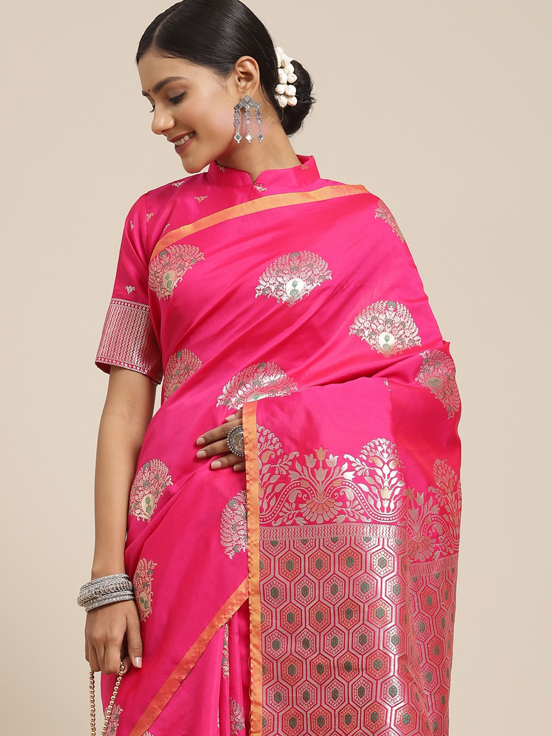 

Saree mall Pink Floral Zari Silk Blend Dharmavaram Sarees