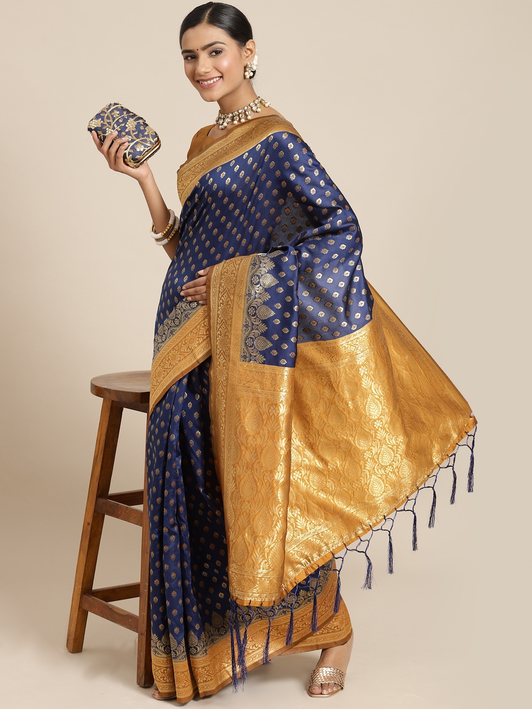 

Saree mall Blue & Mustard Ethnic Motifs Zari Silk Blend Paithani Sarees