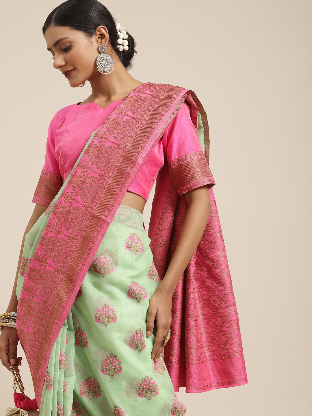 

Saree mall Green & Pink Floral Zari Linen Blend Banarasi Sarees