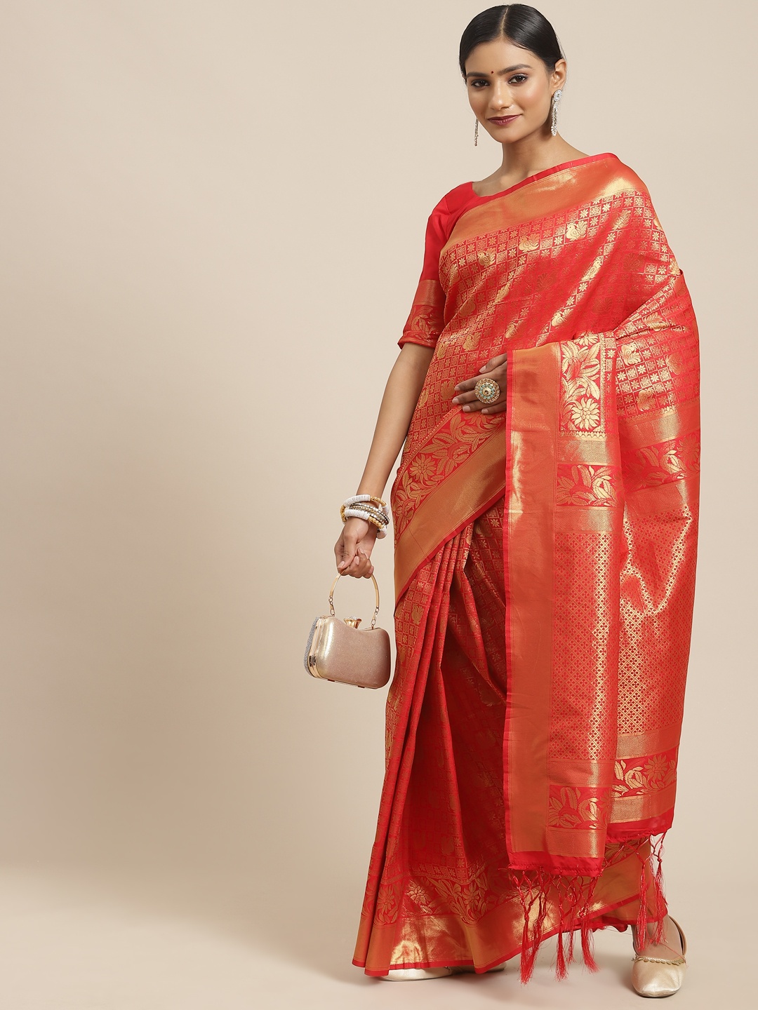 

Saree mall Red & Gold-Toned Ethnic Motifs Zari Silk Blend Kanjeevaram Sarees