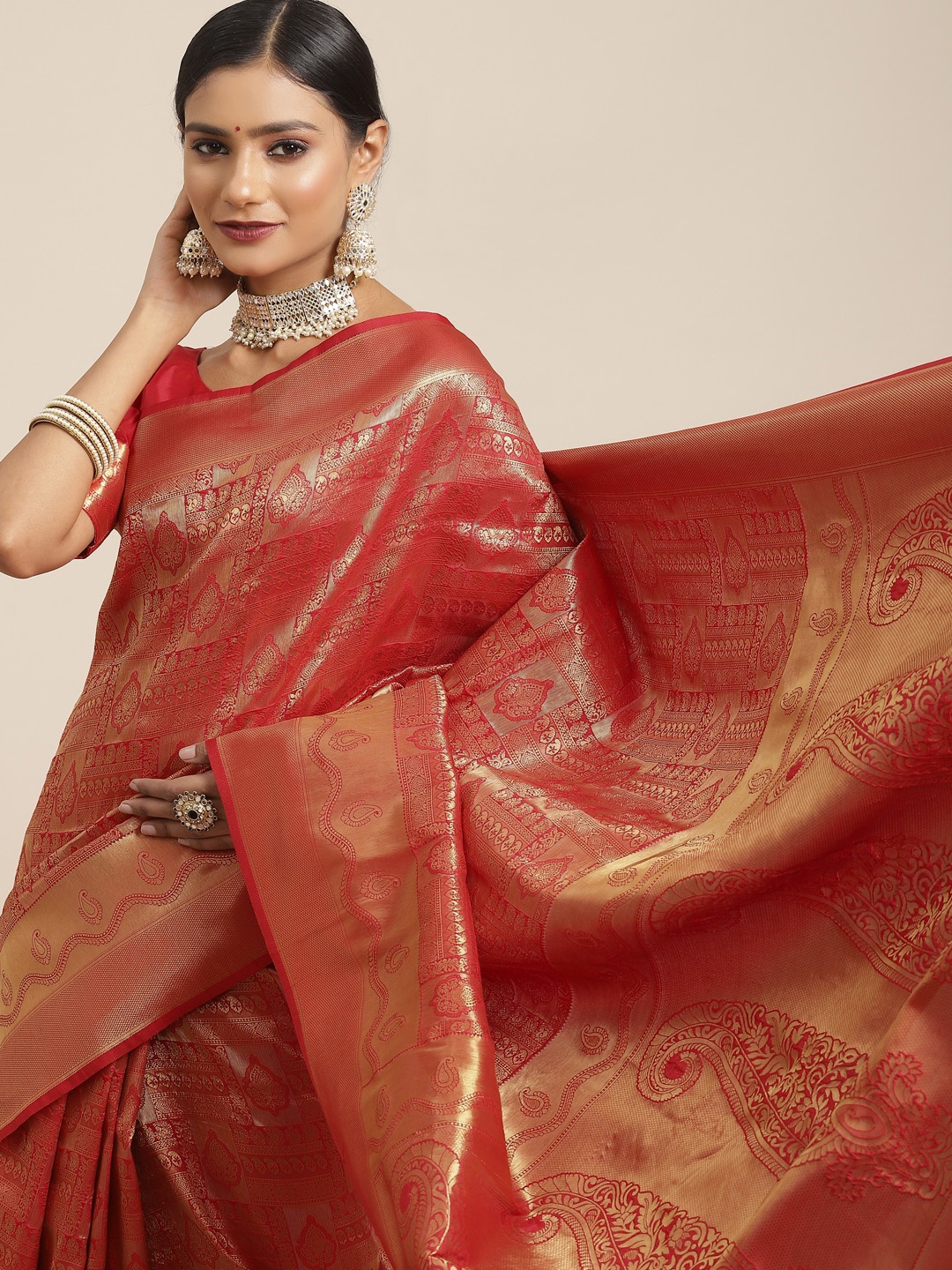 

Saree mall Red Ethnic Motifs Zari Silk Blend Kanjeevaram Sarees