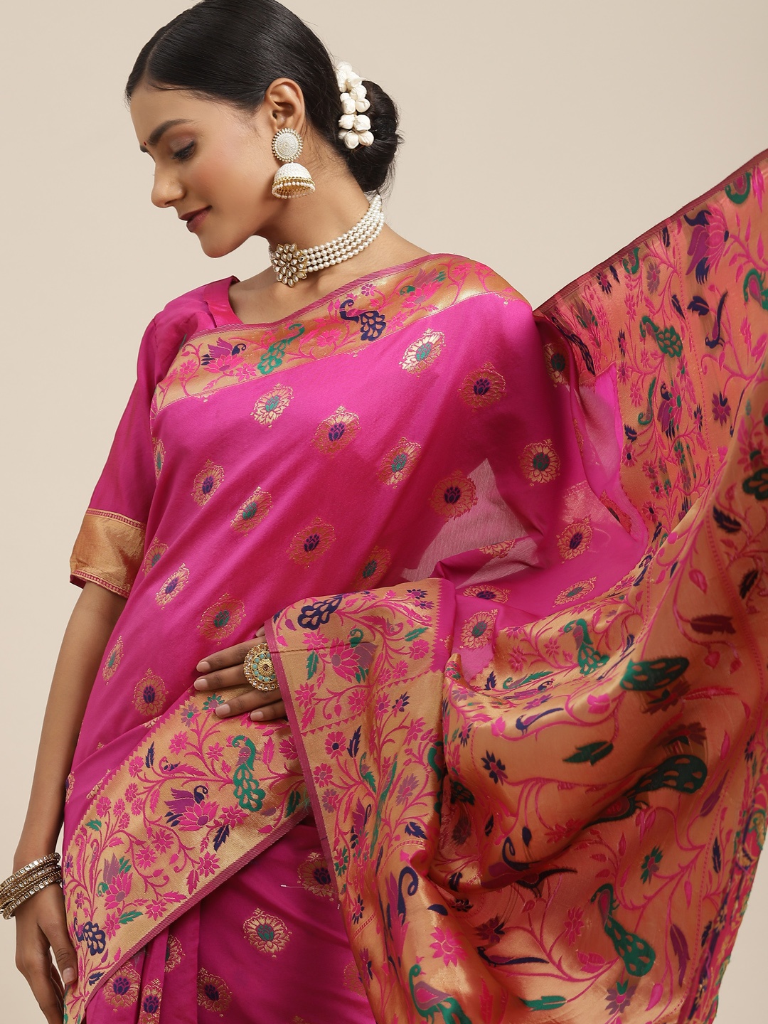 

Saree mall Pink & Gold-Toned Floral Zari Silk Blend Paithani Sarees