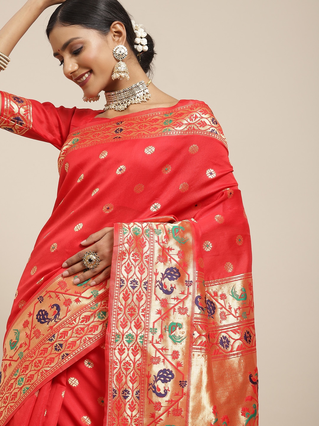 

Saree mall Red & Gold-Toned Ethnic Motifs Zari Silk Blend Paithani Sarees