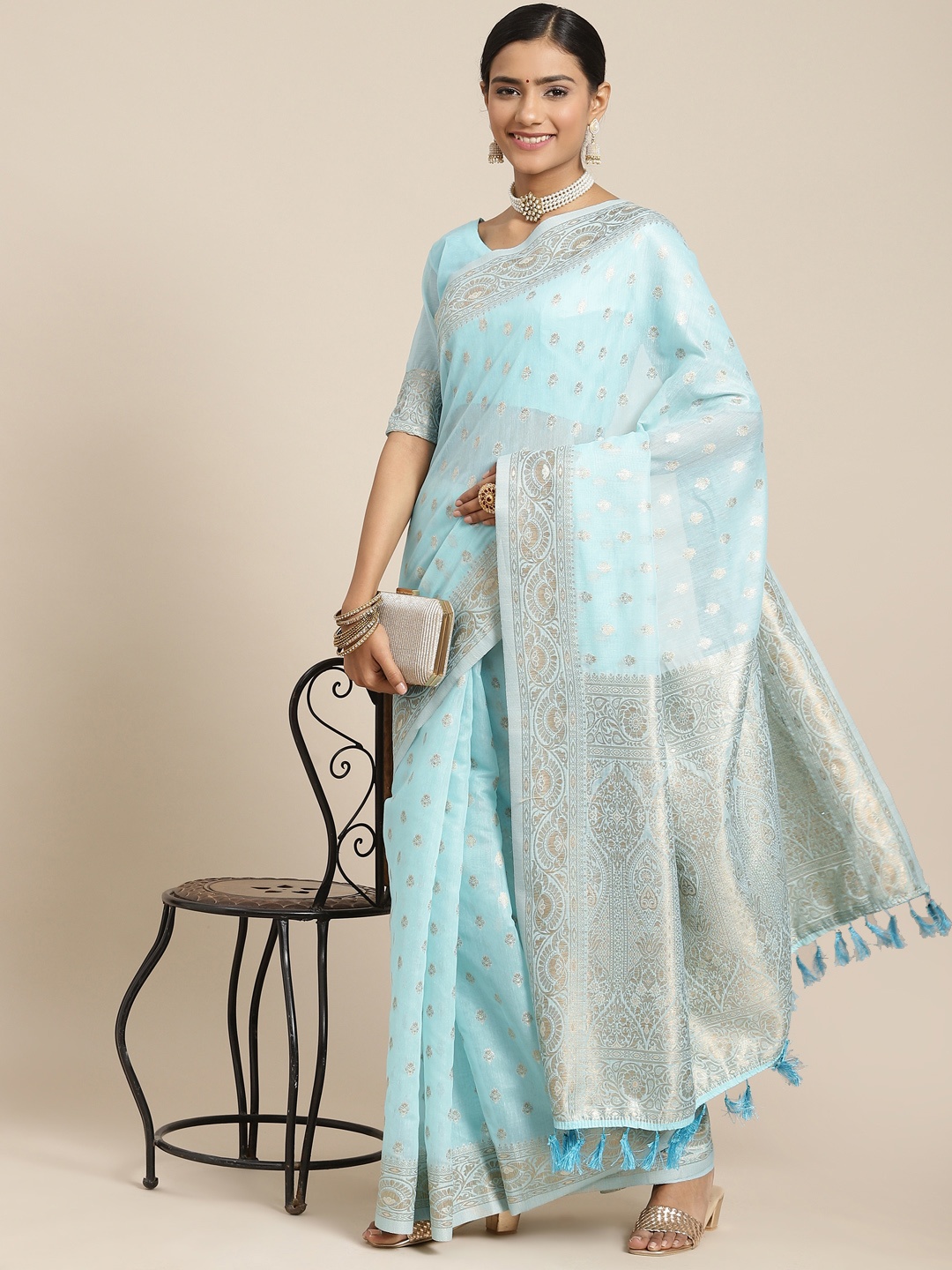

Saree mall Blue & Silver-Toned Floral Zari Silk Cotton Sambalpuri Sarees