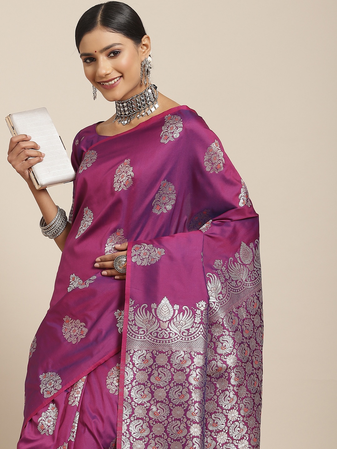 

Saree mall Magenta & Silver-Toned Floral Silk Blend Dharmavaram Sarees