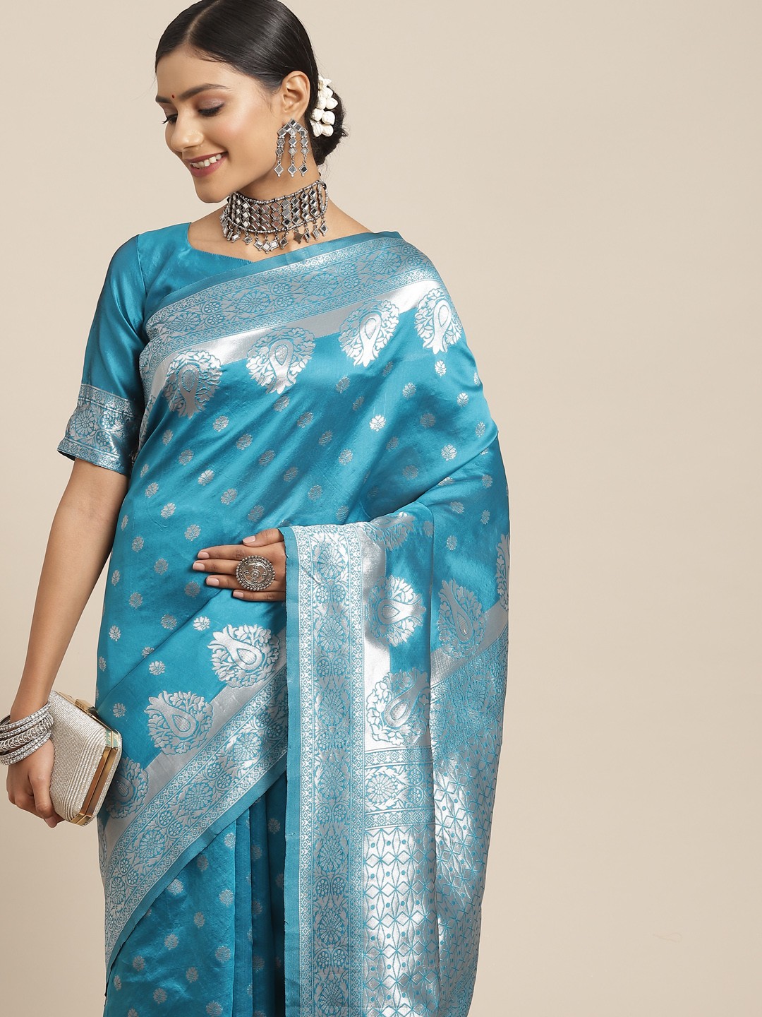 

Saree mall Turquoise Blue & Silver-Toned Floral Zari Silk Blend Banarasi Sarees
