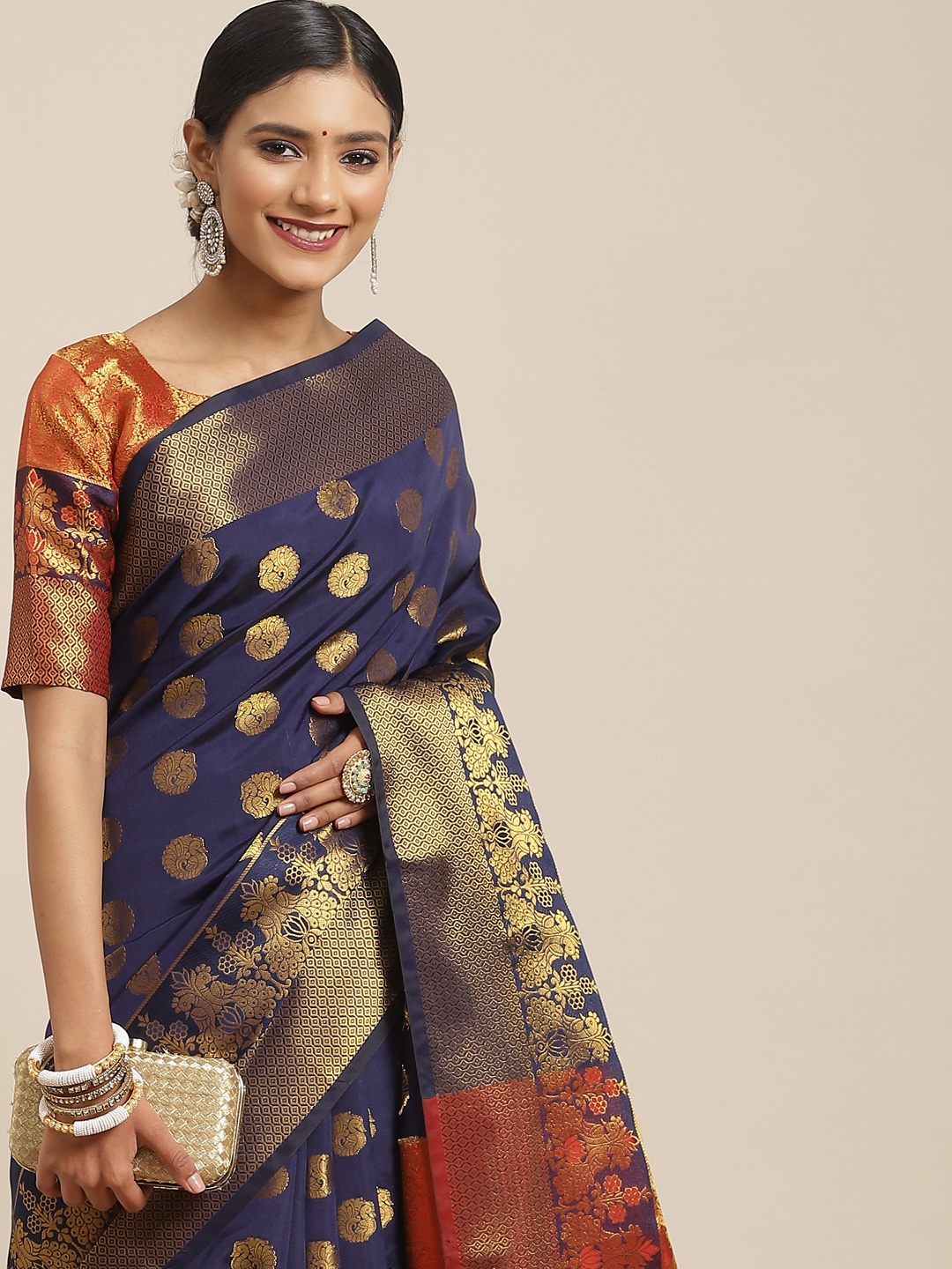 

Saree mall Navy Blue & Gold-Toned Ethnic Motifs Zari Silk Blend Kanjeevaram Sarees