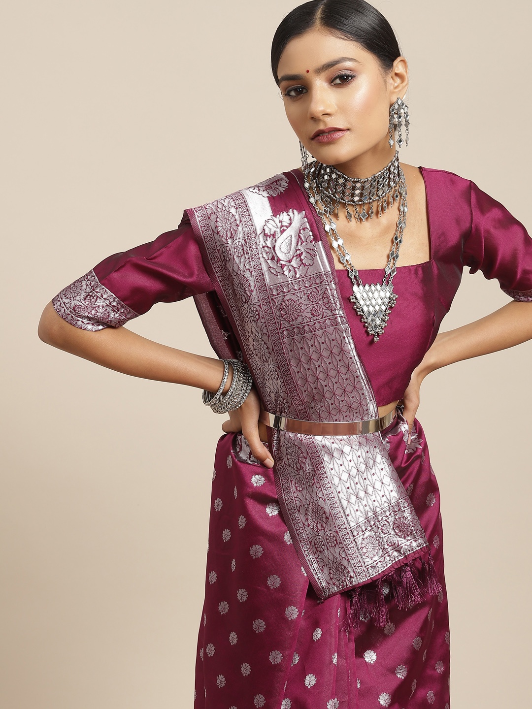 

Saree mall Purple Ethnic Motifs Zari Silk Blend Banarasi Sarees