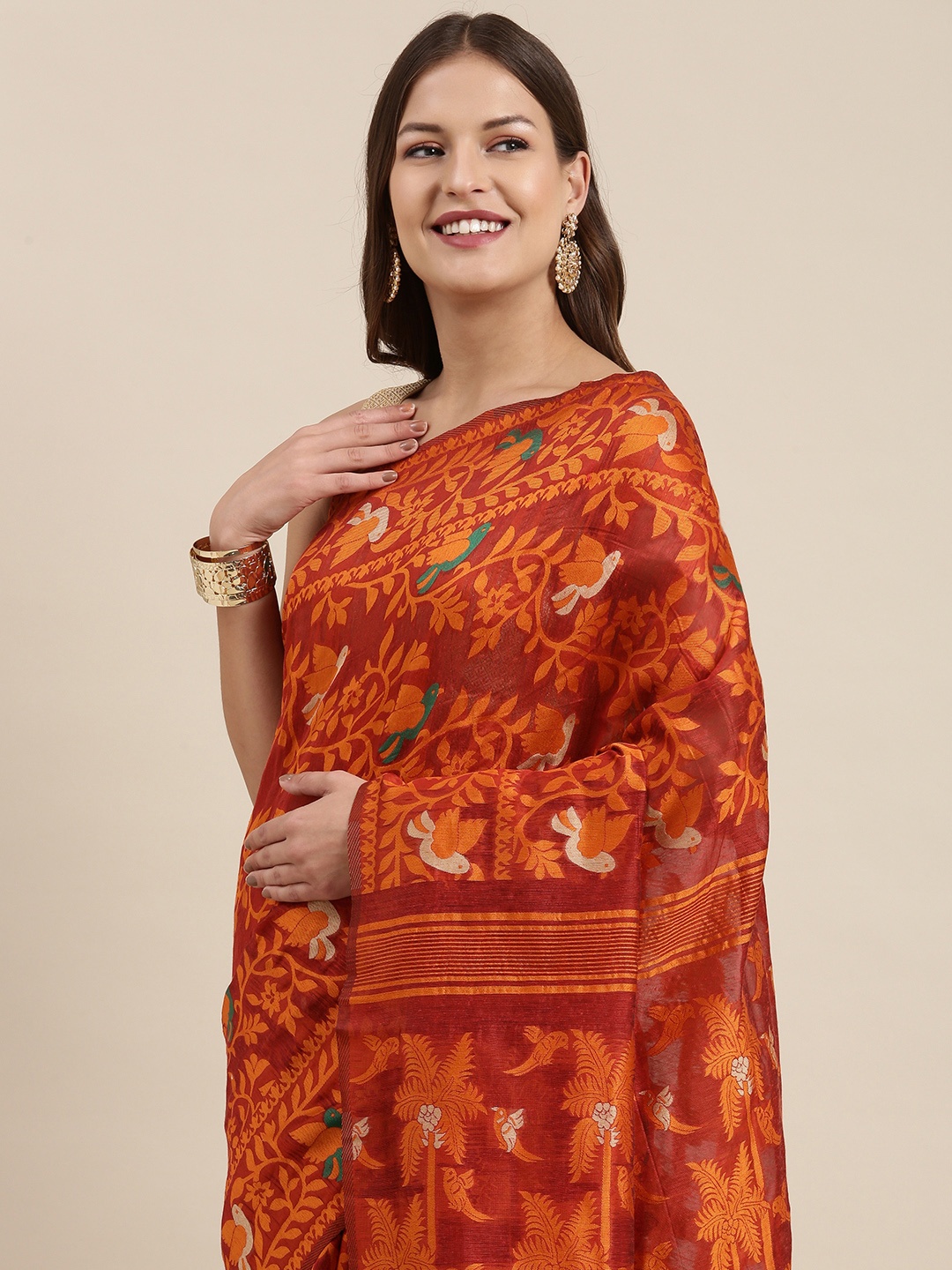 

VASTRANAND Maroon & Orange Zari Silk Cotton Jamdani Saree