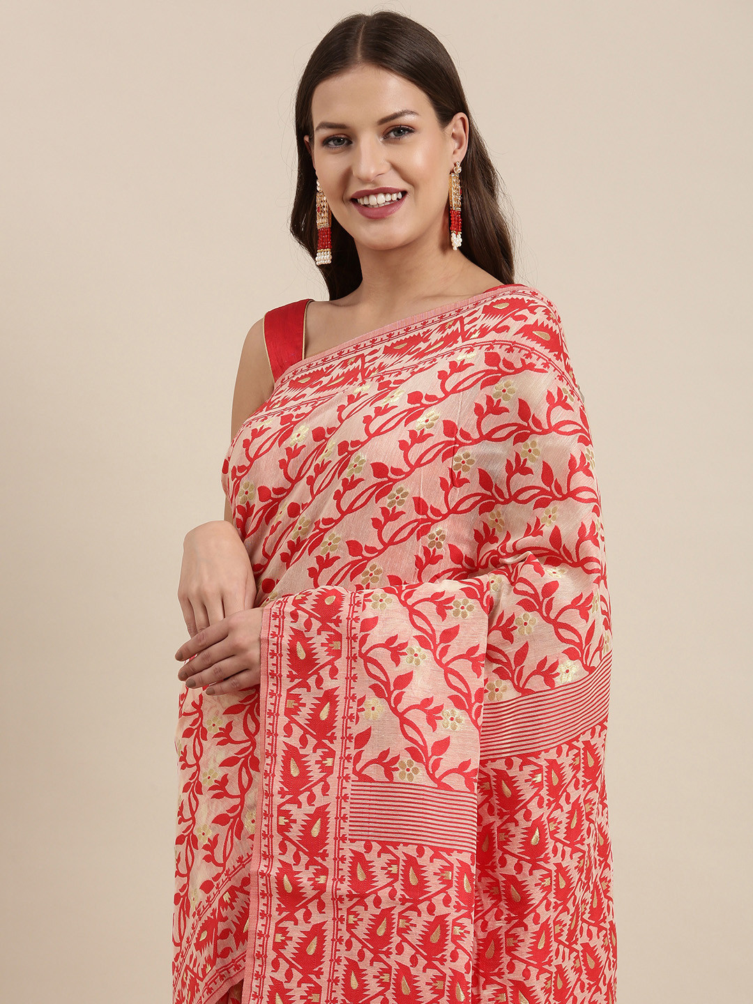 

VASTRANAND Red & White Leheriya Zari Silk Cotton Jamdani Saree