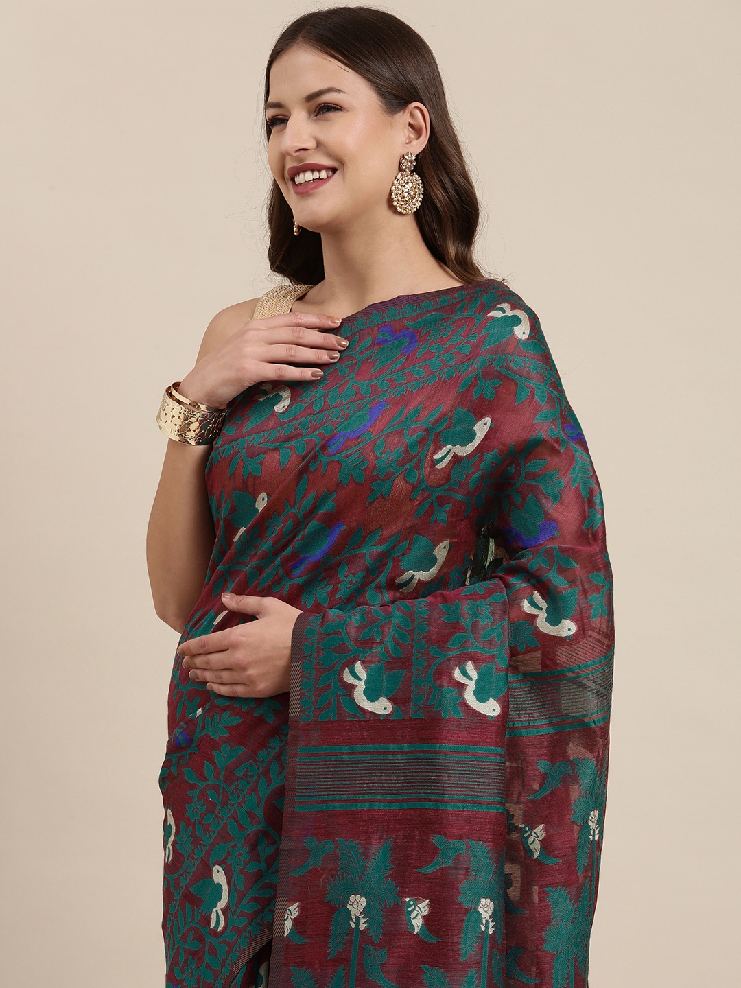 

VASTRANAND Burgundy Zari Silk Cotton Jamdani Saree