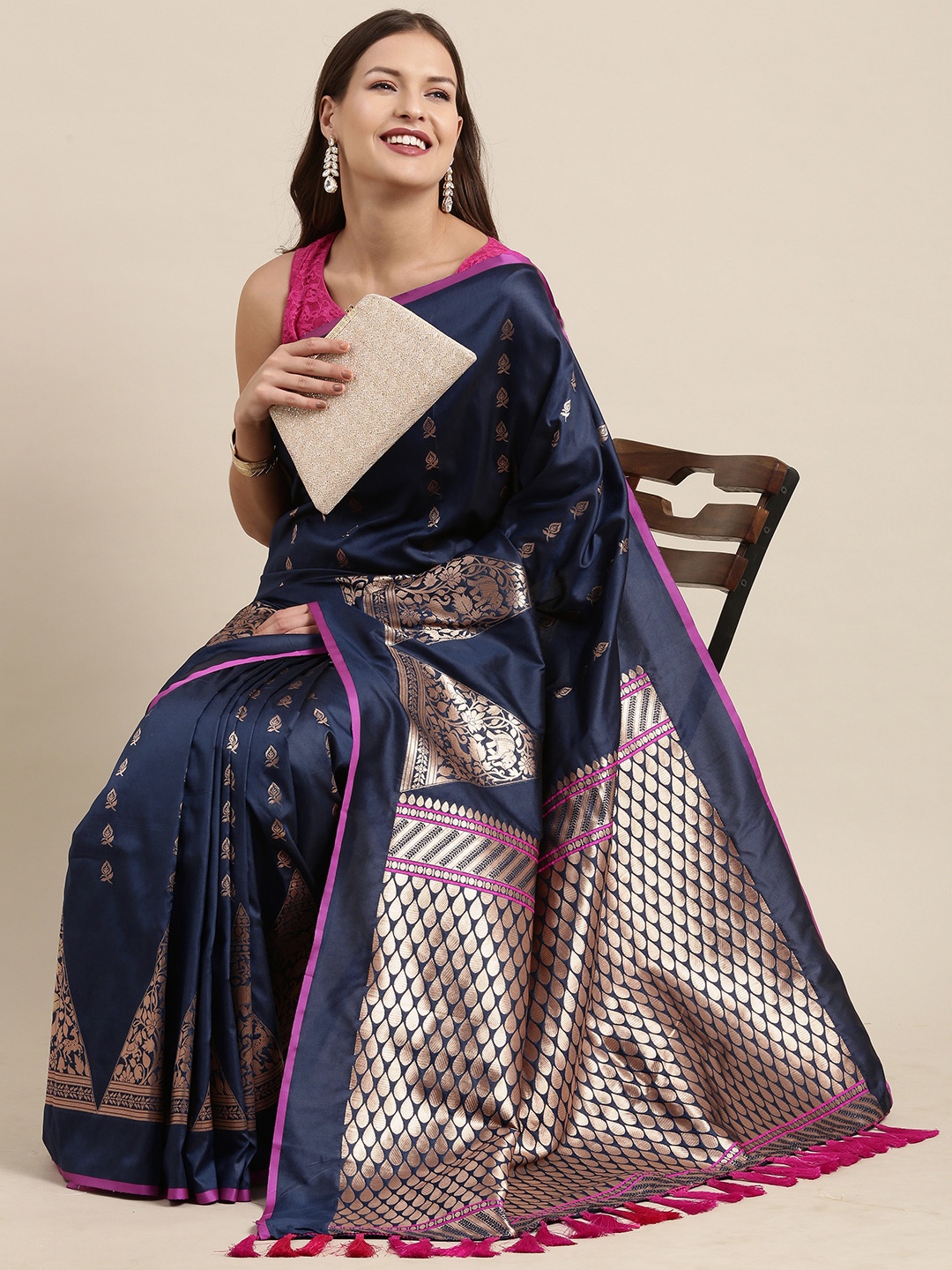 

VASTRANAND Navy Blue Zari Silk Blend Banarasi Saree