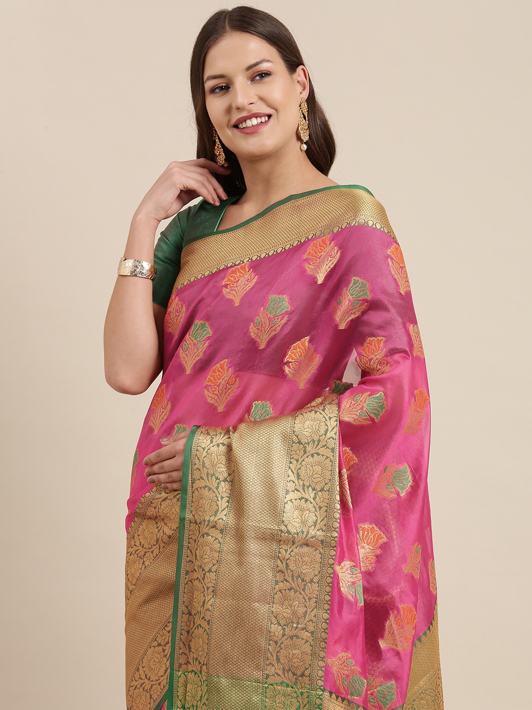 

VASTRANAND Pink Woven Design Zari Silk Blend Kanjeevaram Saree