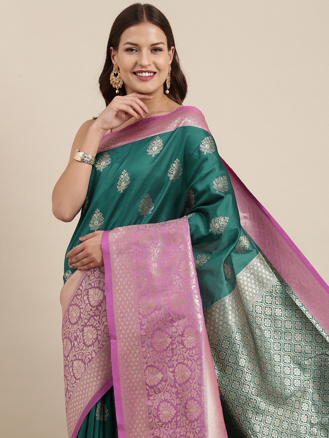 

VASTRANAND Teal Zari Silk Blend Banarasi Saree