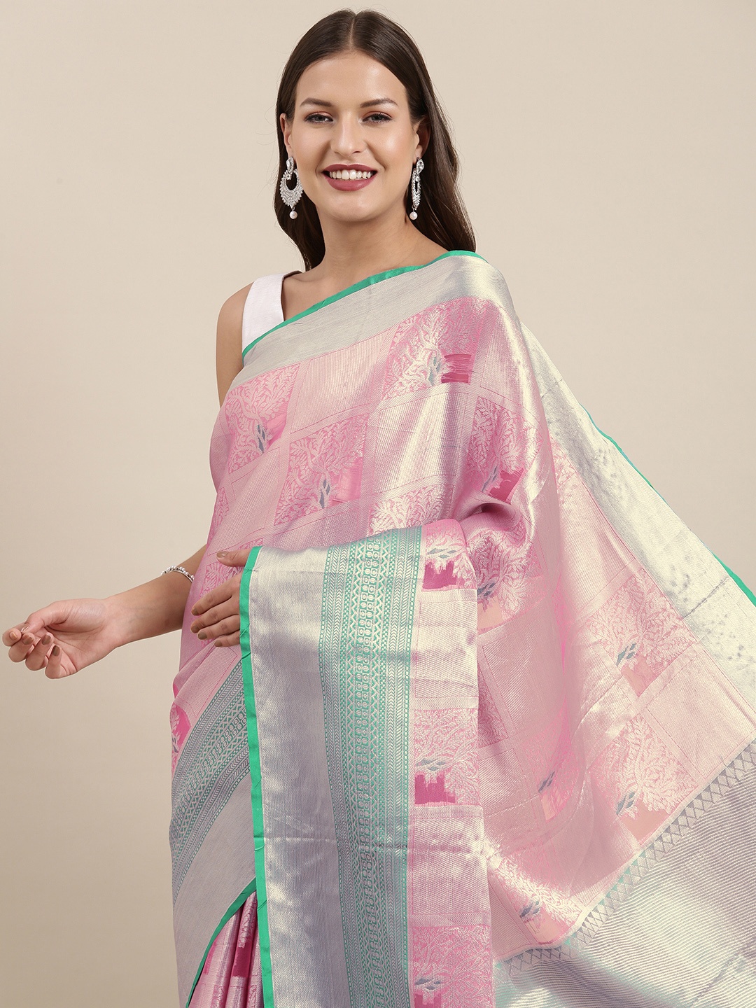 

VASTRANAND Pink Woven Design Zari Silk Blend Kanjeevaram Saree